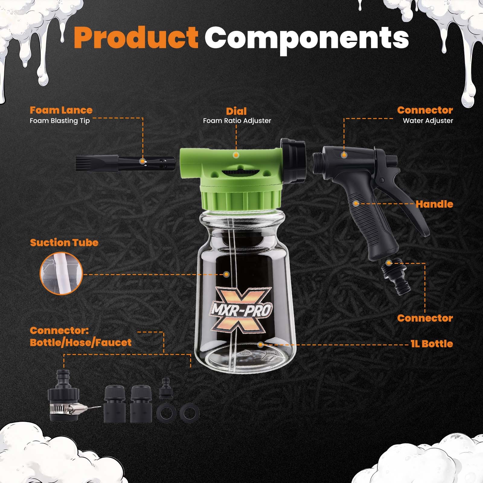 1L Foam Cannon Adjustable Soap Gun for Car Wash Garden Hose Connector Kit