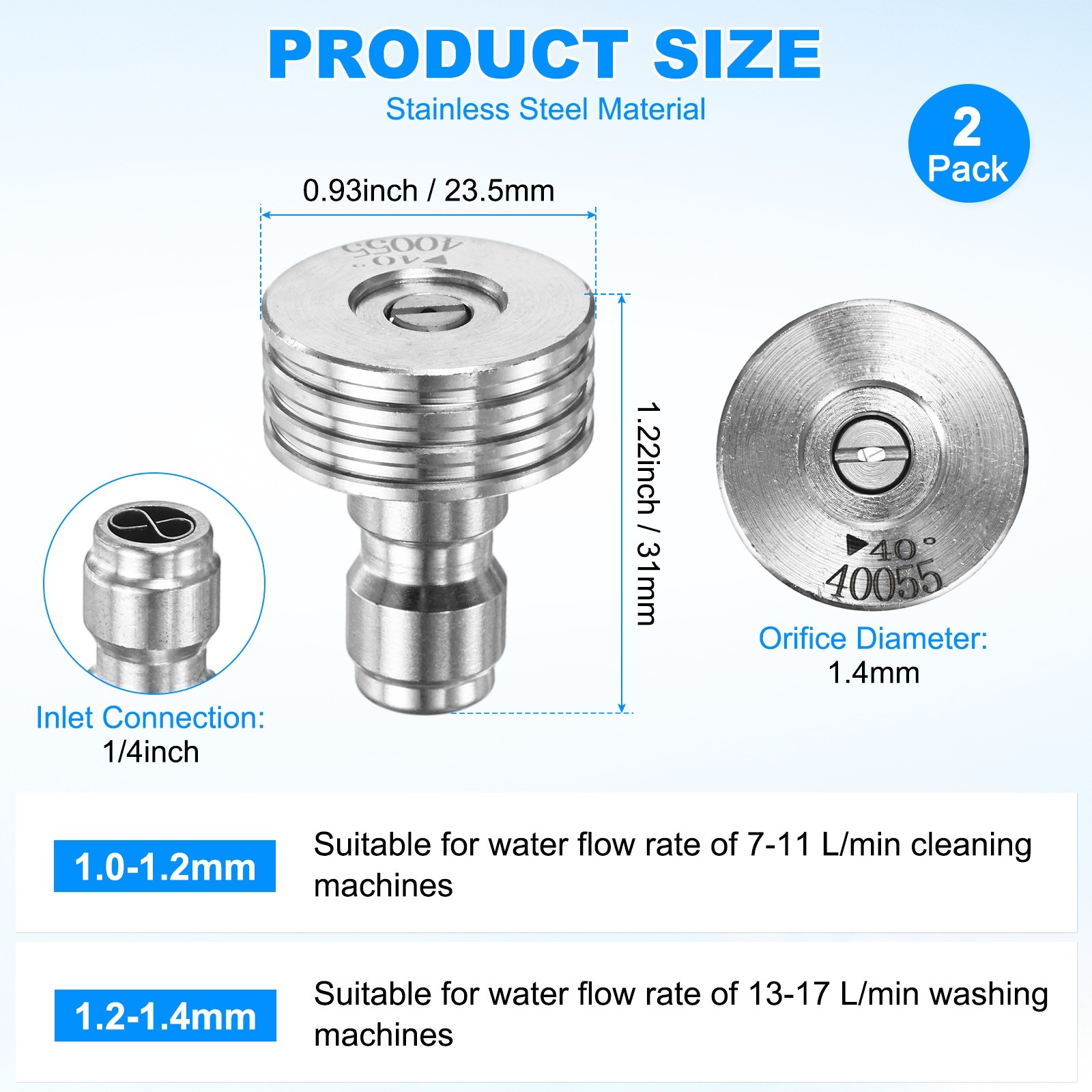 2-Pack 40 Degrees Pressure Washer Nozzle Tips, 1/4 Inch Quick Connect, 1.400mm