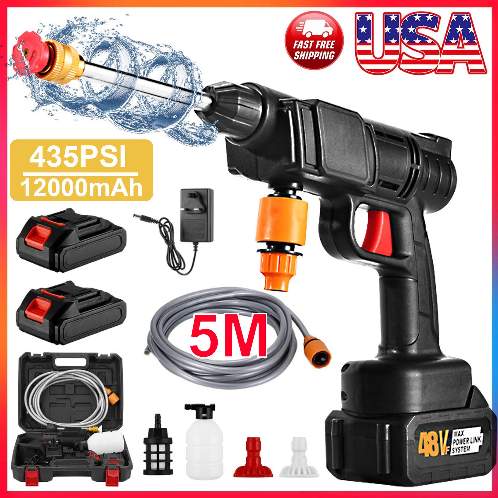 Portable Battery Power Washer 300W 435PSI Electric Water Spray Gun with Battery