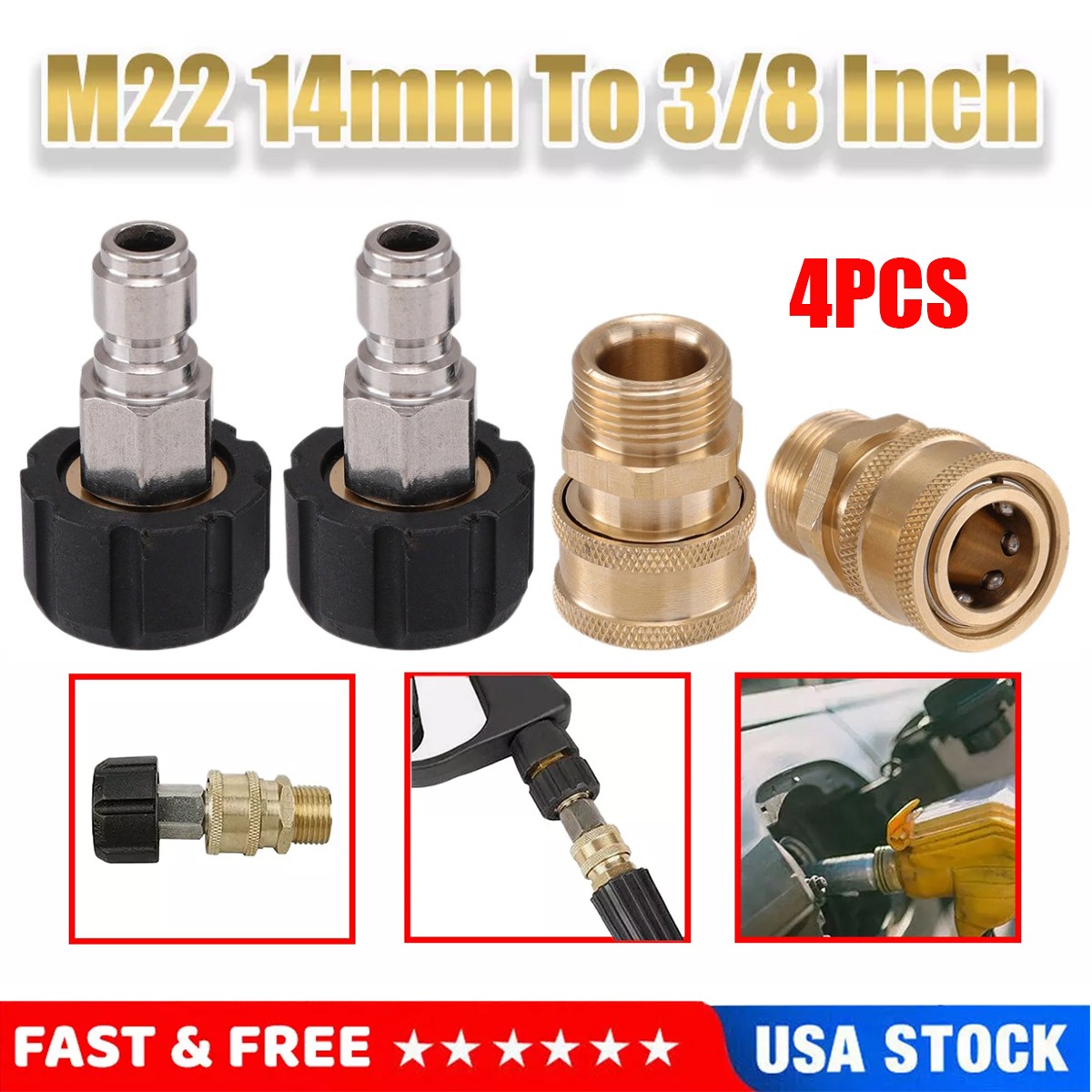 4Pcs Pressure Washer Adapter Set M22 14mm to 3/8 Inch Quick Connect Female Male