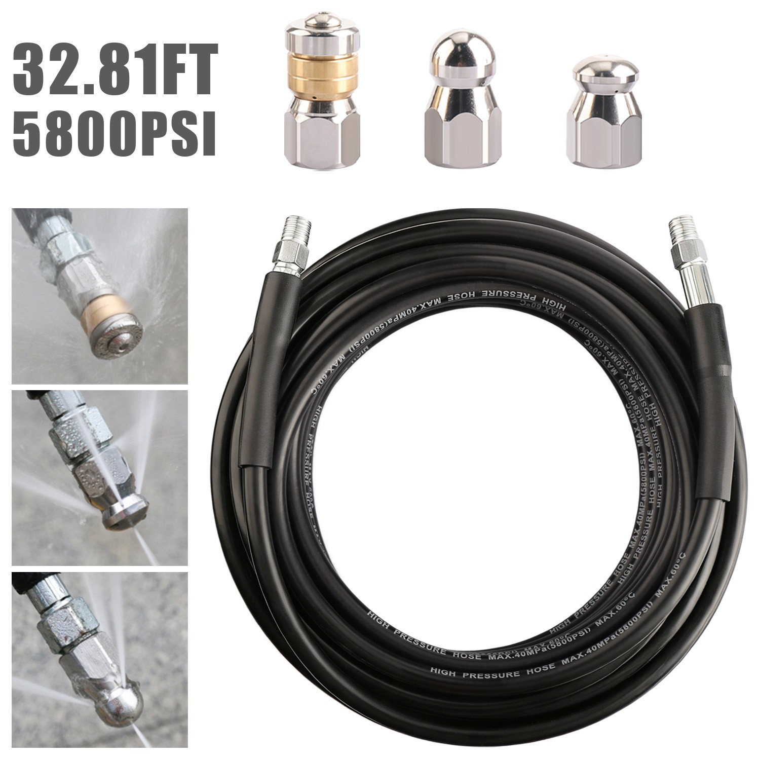 32.8FT Sewer Jetter Nozzles Kit Drain Cleaning Hose for Pressure Washer 5800PSI