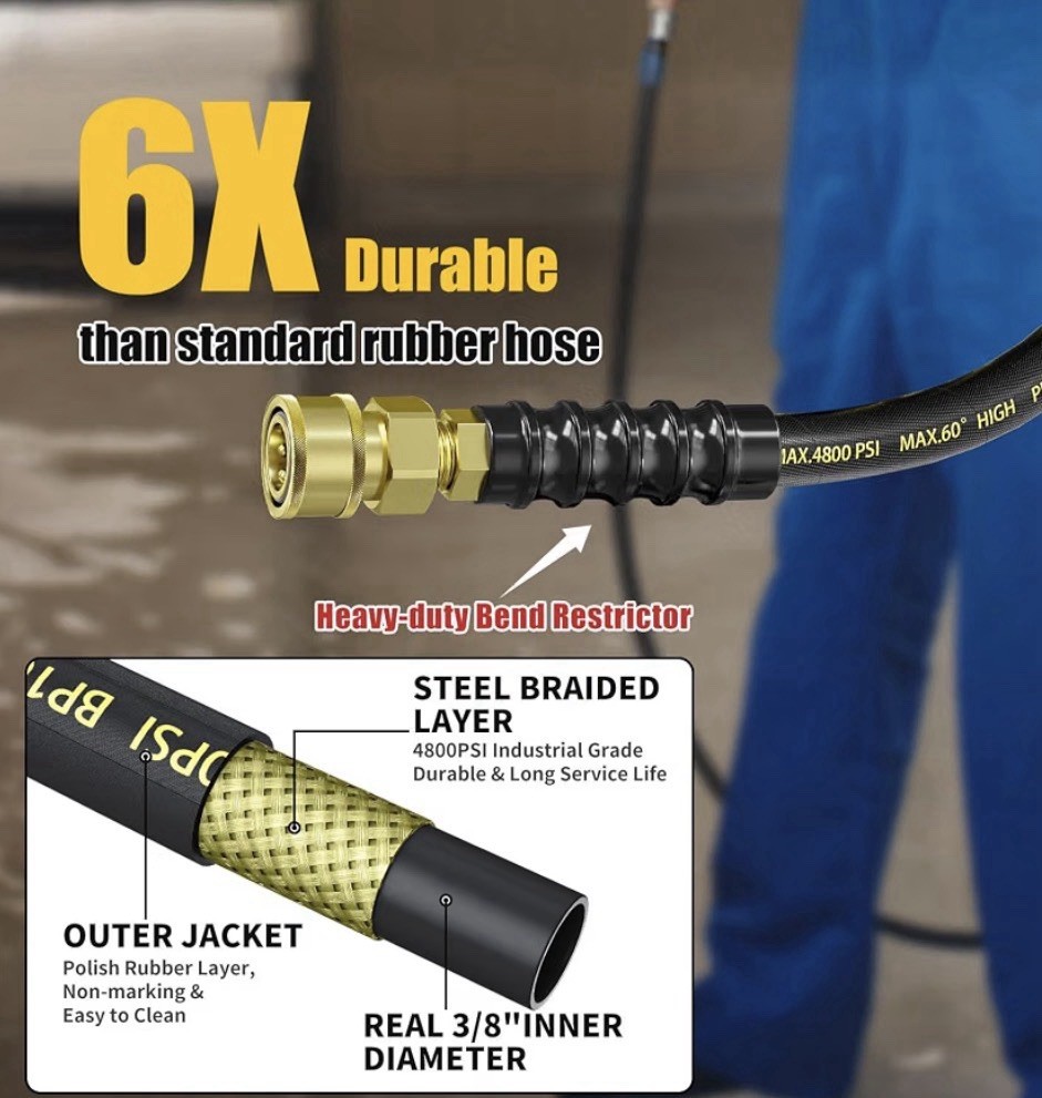 50FT 3/8″ 4800PSI Pressure Washer Hose W/ Swivel Quick Connect Steel Wire Braid