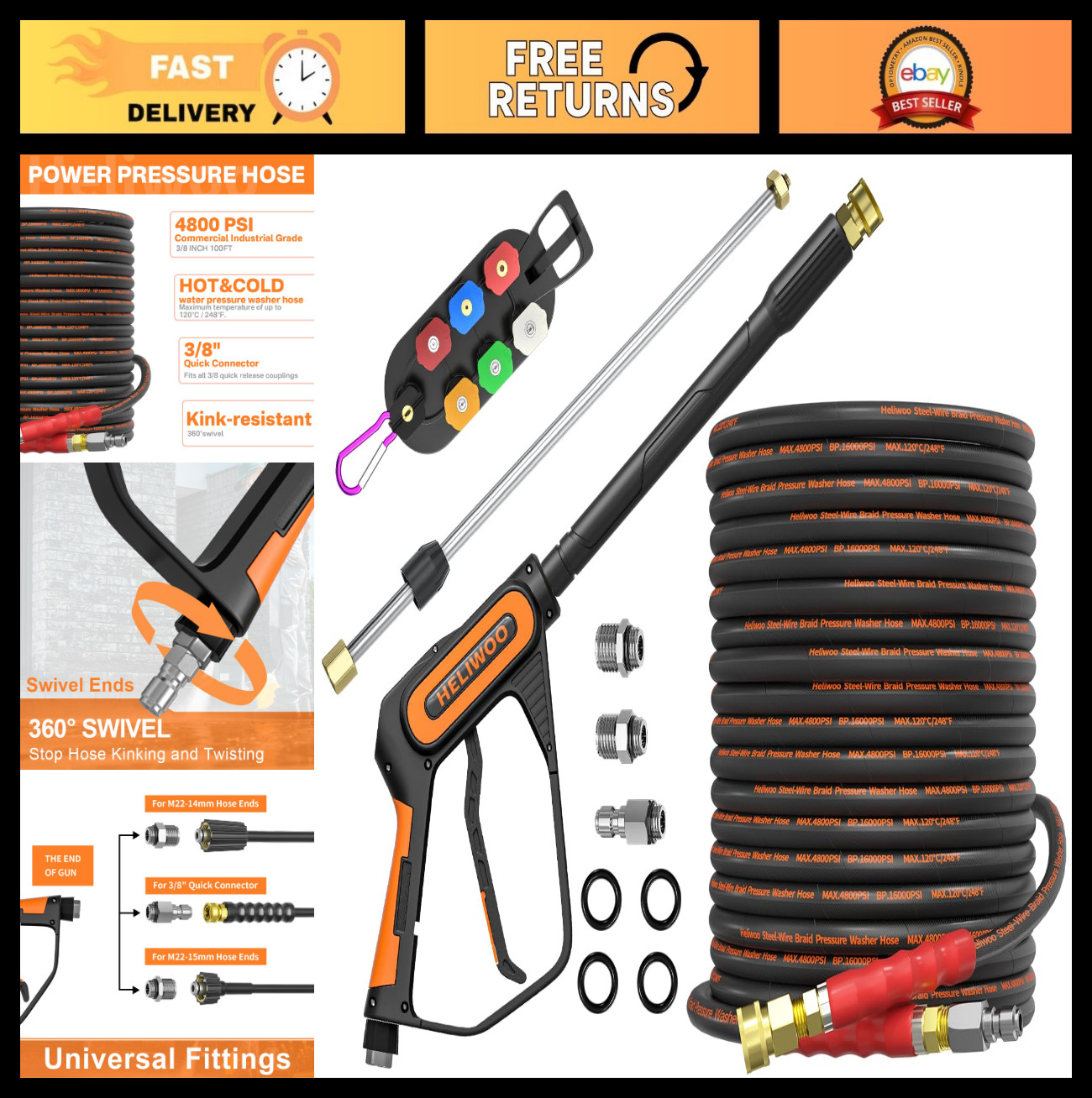 5000PSI Pressure Washer Gun & 100FT Kink Resistant Hose Kit, Quick Connect Adapt