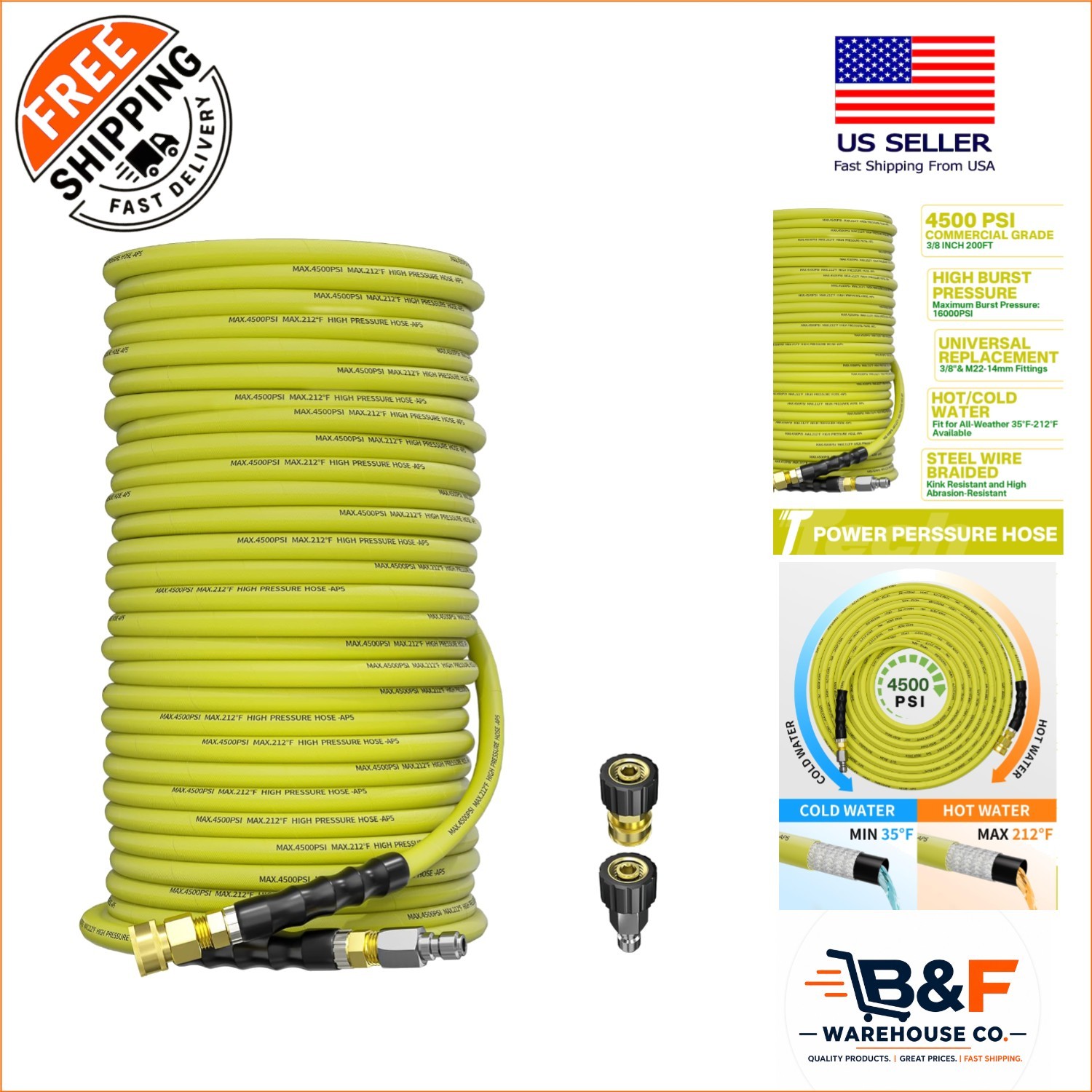 Versatile 200FT Pressure Washer Hose with 4500 PSI & M22 Adapters – All Weather