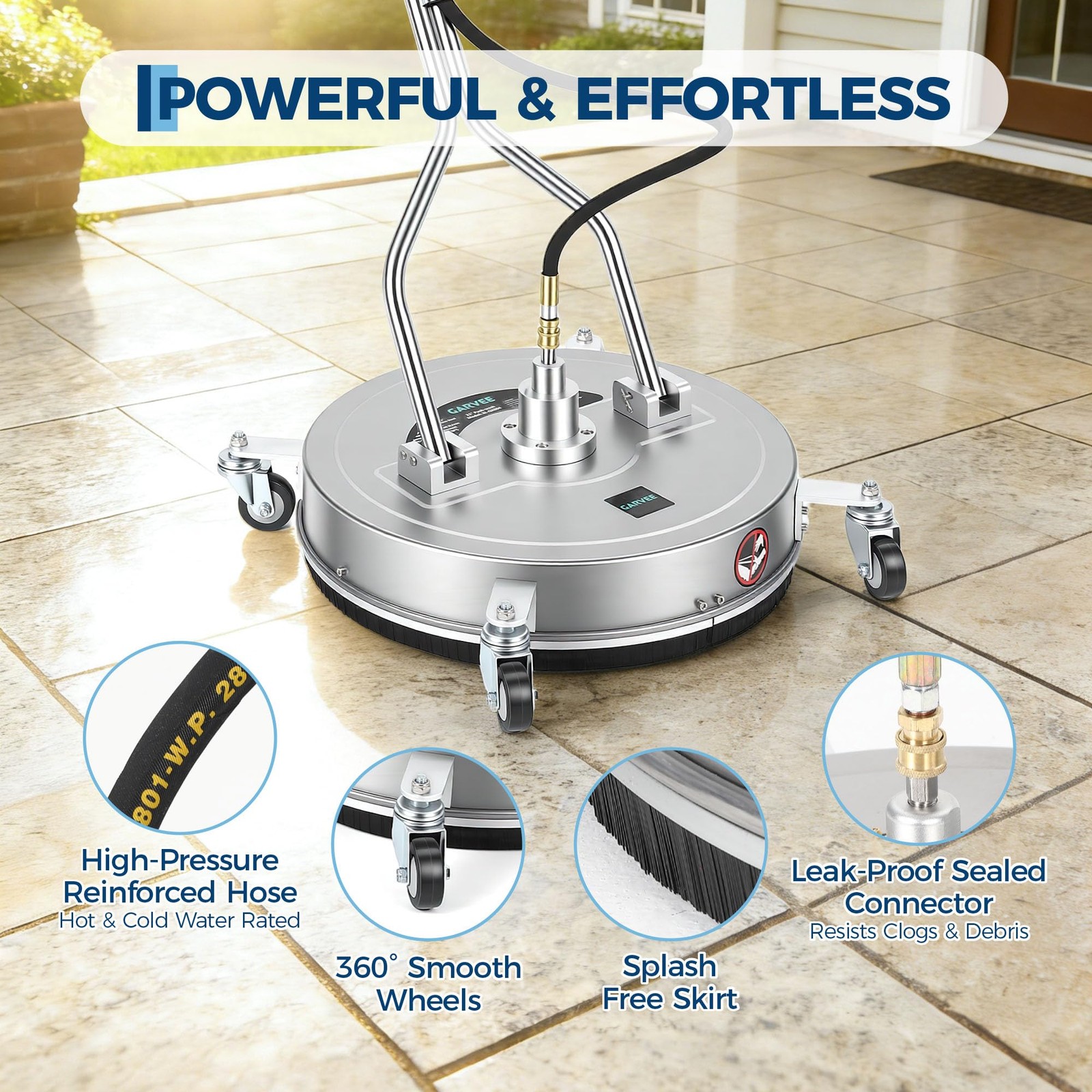 24 inch Pressure Washer Surface Cleaner Stainless Steel 4 Wheels & Dual Handle