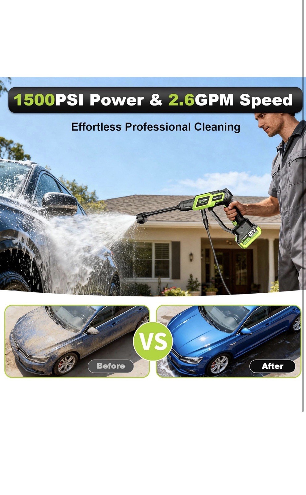 Cordless Pressure Washer – 1500PSI 2.6GPM, 400W Brushless Motor, 2X4000Mah Batte