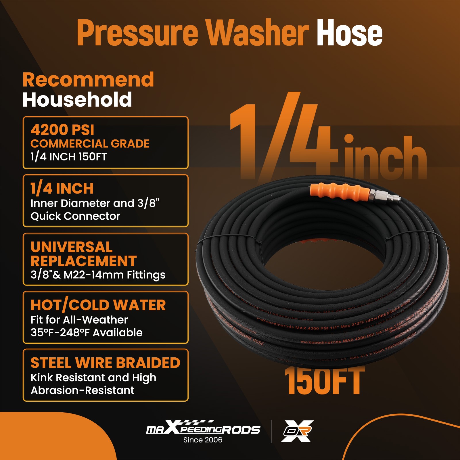 150FT 1/4″ 4200PSI Pressure Washer Hose Steel Wire Braided Hot Cold Water Rated