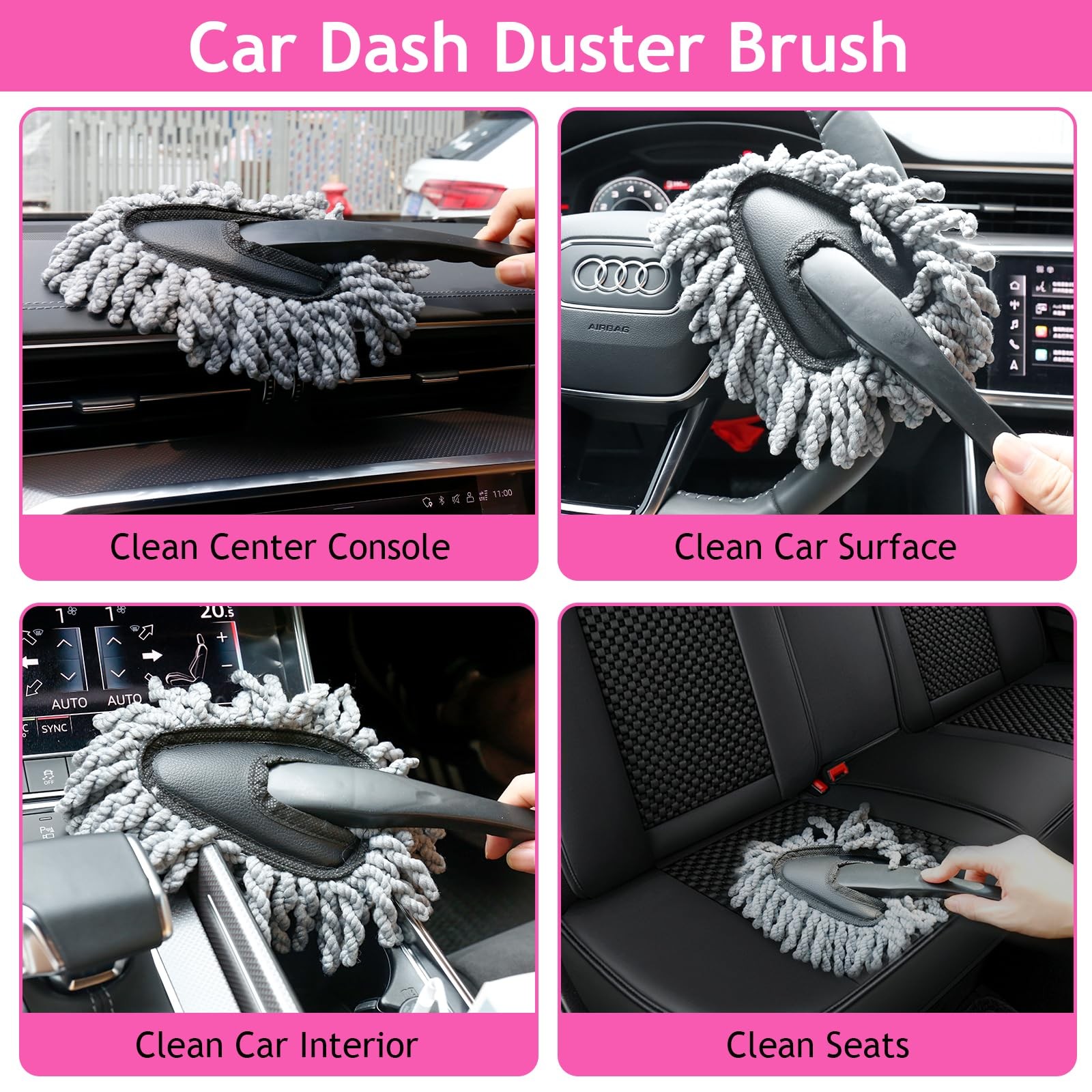 Pink Car Duster Interior Kit Detailing Brushes for Windows Dashboard Air Vents