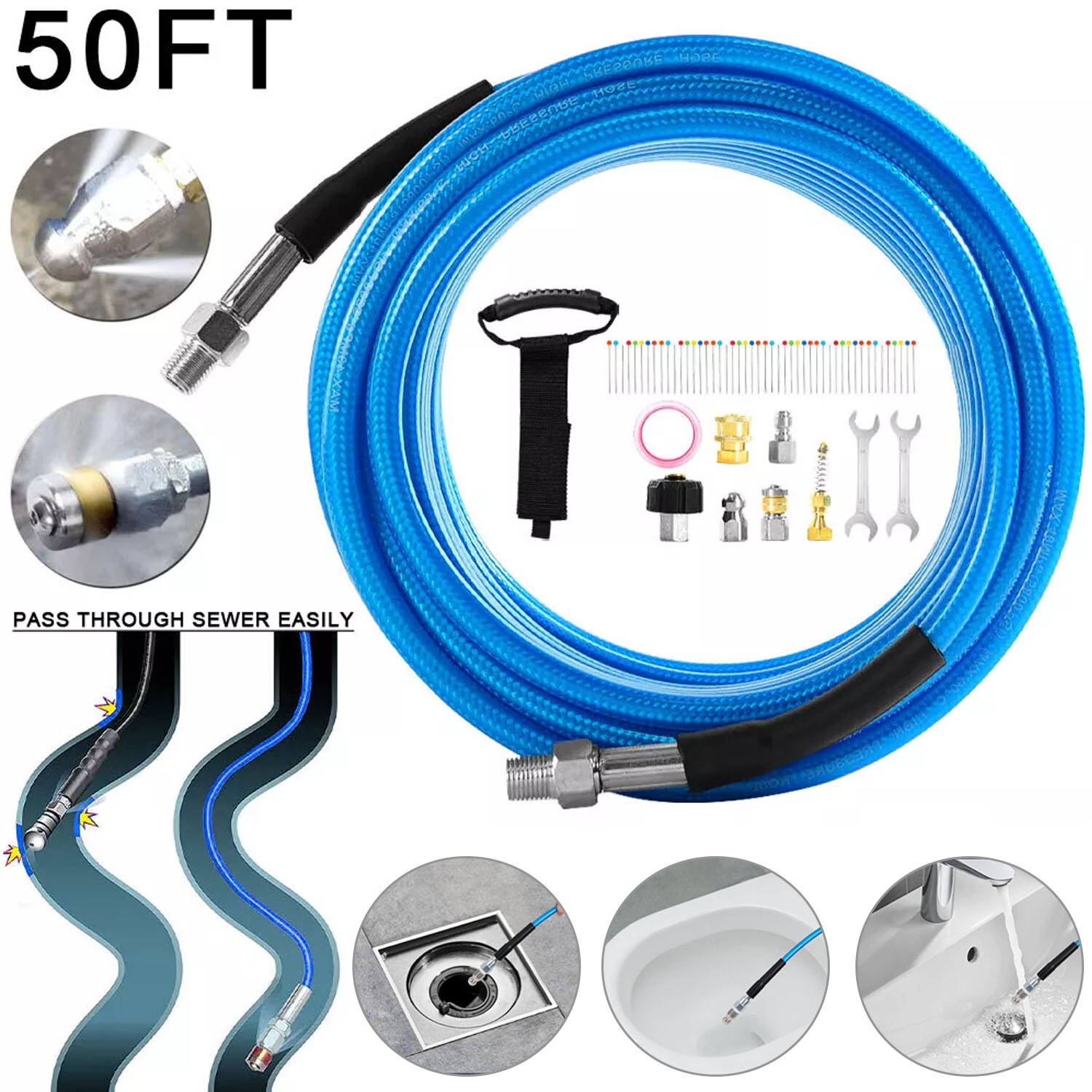 50FT 1/4″ M-NPT 5800PSI Drain Cleaner Hose Sewer Jetter Kit for Pressure Washer