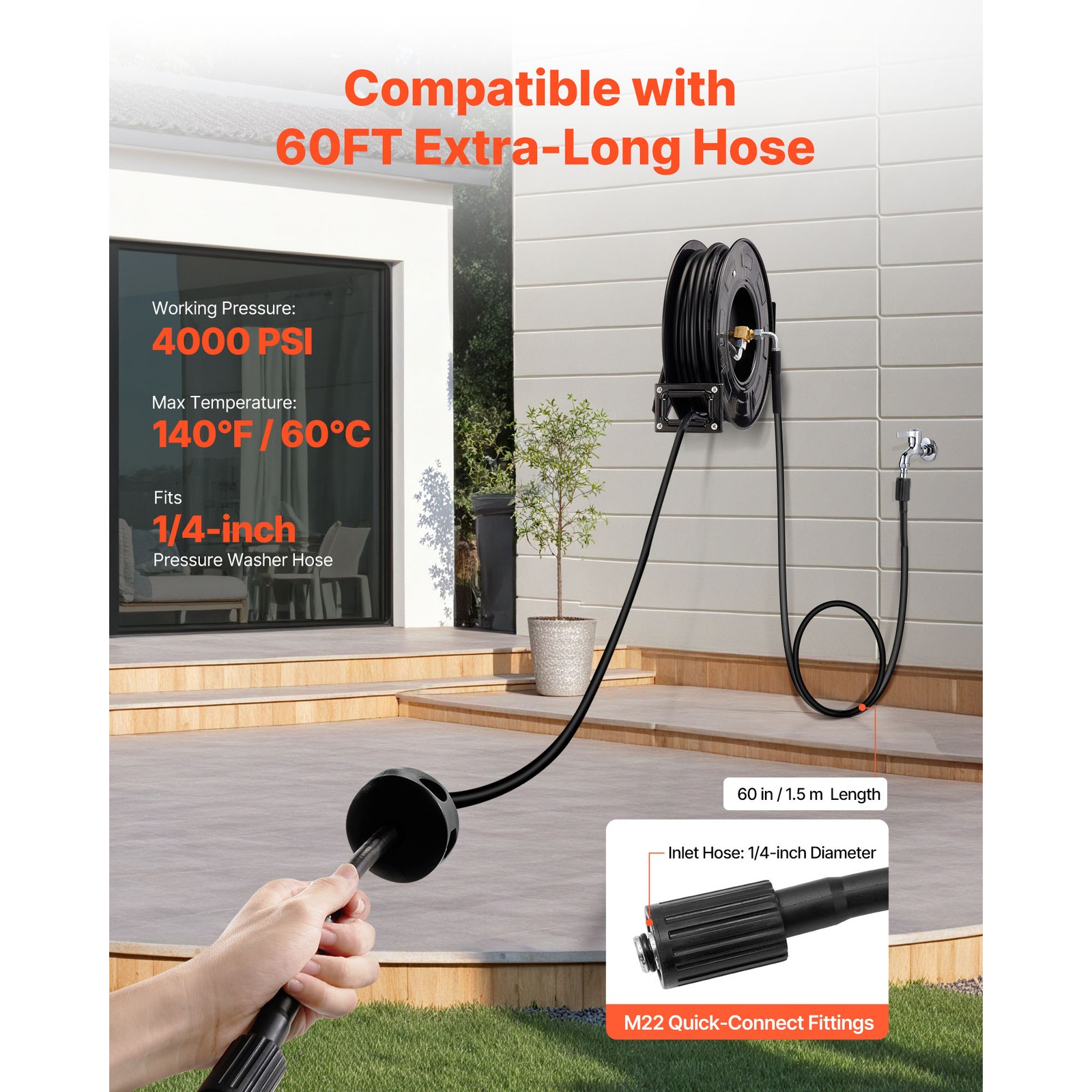 Uimoso Retractable 60ft Pressure Washer Hose Reel, 1/4in, 4000 PSI Auto Rewind