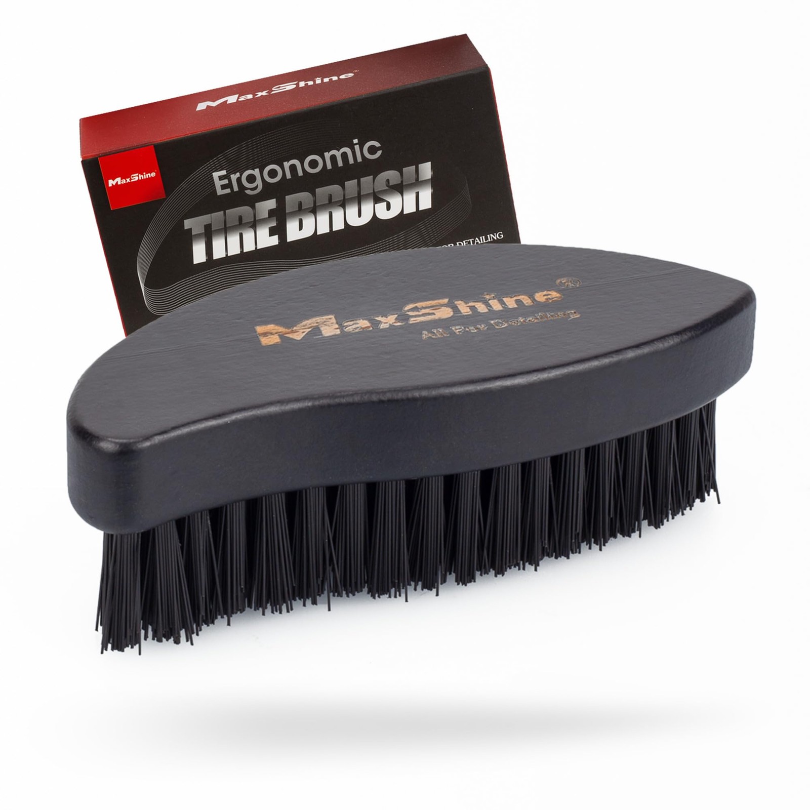 Maxshine Universal Ergonomic Tire Brush with Wood Brush, Black
