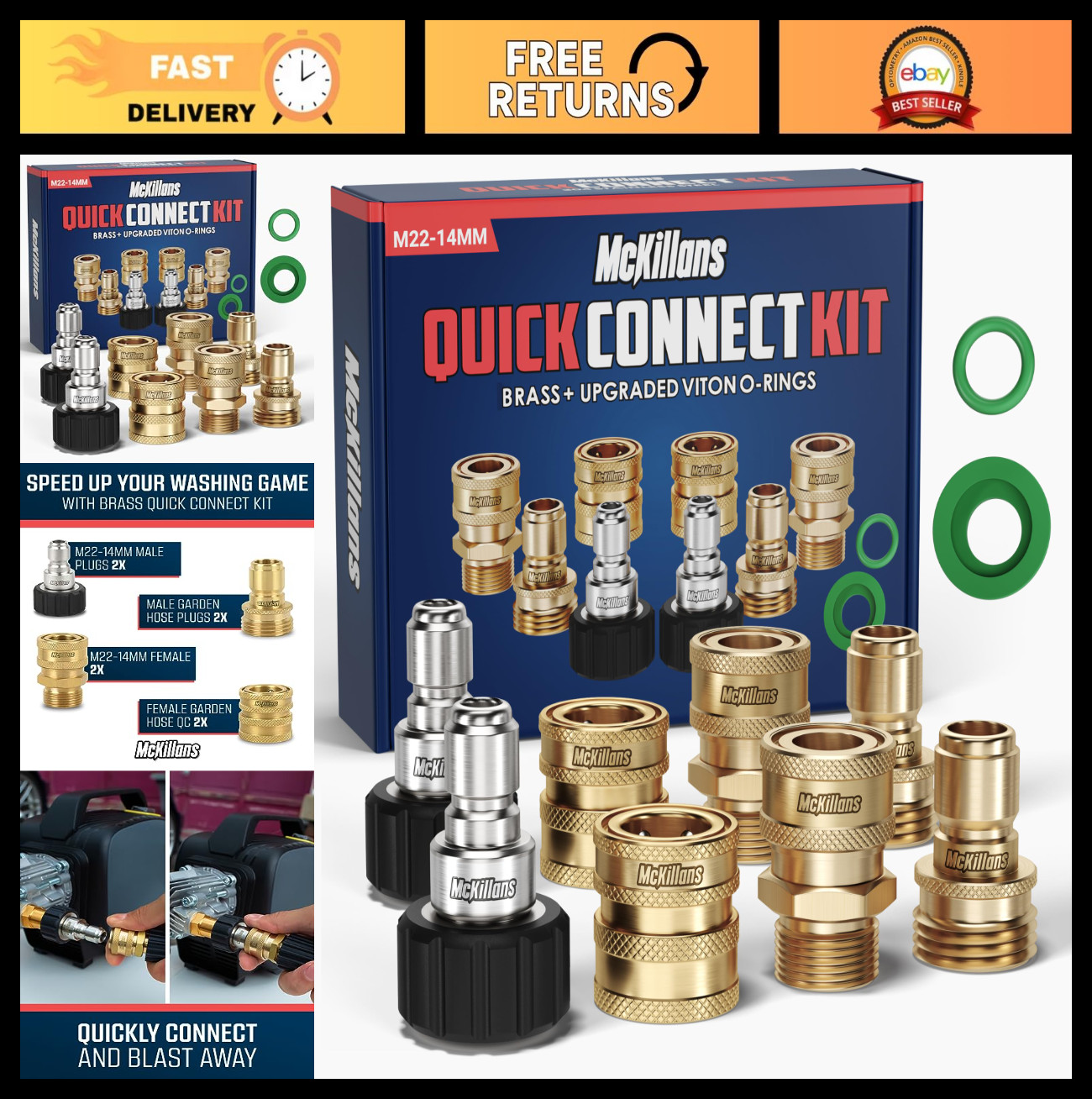 McKillans Pressure Washer Quick Connect Kit Brass M22-14mm to 3/8″ Adapter