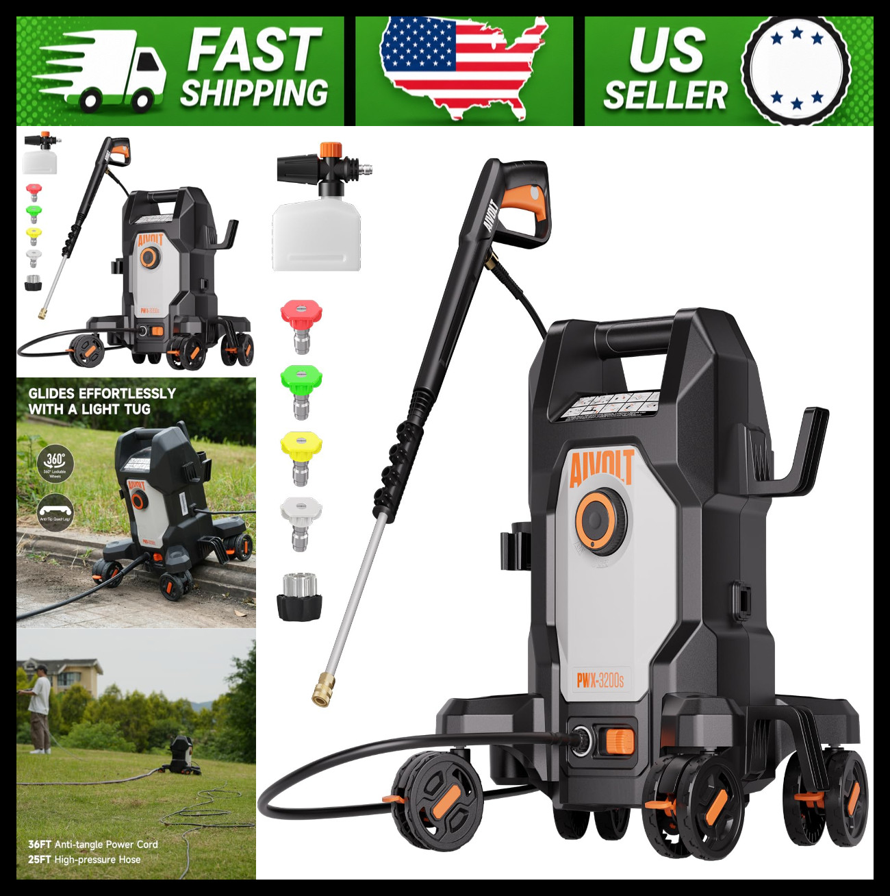 AIVOLT Electric Pressure Washer 4800 PSI 4-Wheel, 4 Nozzles, Soap Tank