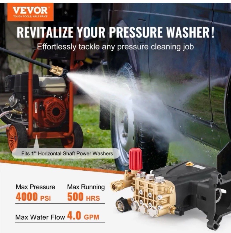 Pressure Washer Pump 1″ Shaft Horizontal Triplex Plunger 4000 PSI 4.0GPM