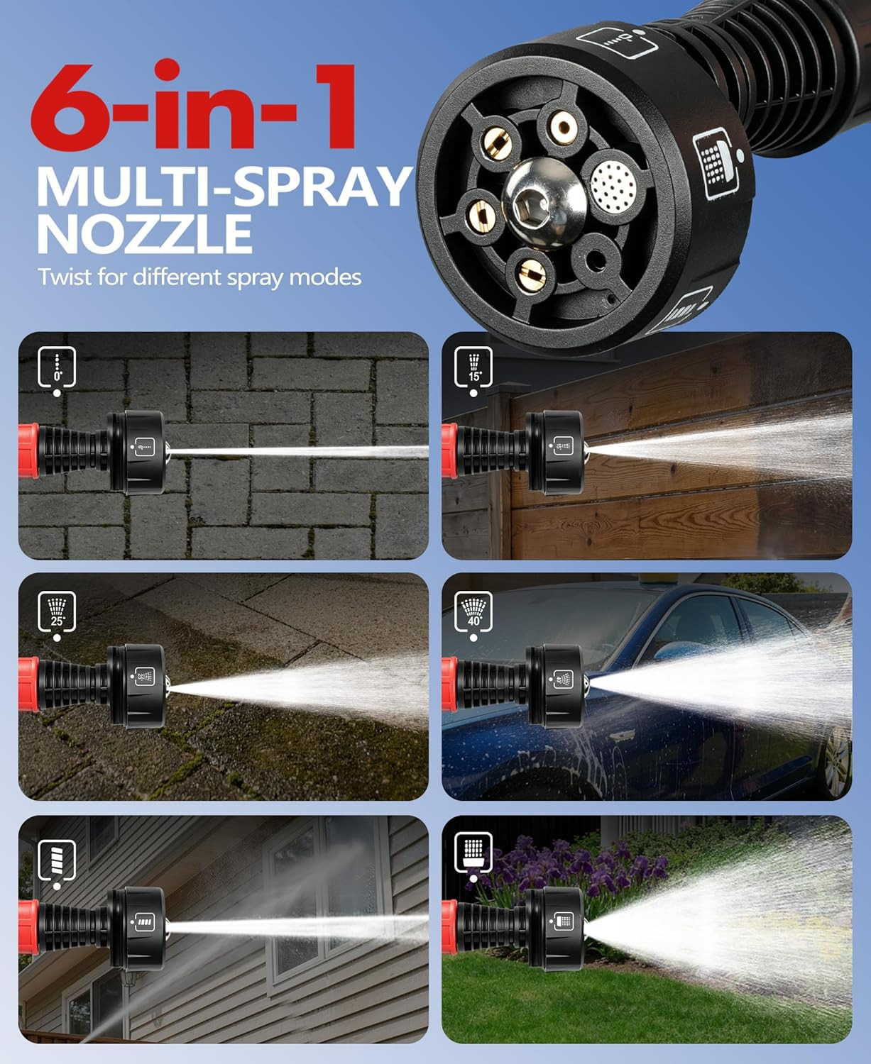 Cordless Car Washer with 6-In-1 Nozzle, Portable Vehicle Cleaning Tool with Copp