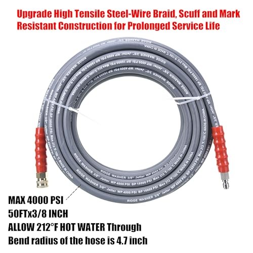 Pressure Washer Hose 50 Feet X 3/8 Inch for Hot and a: 50FT with 1 layer wire