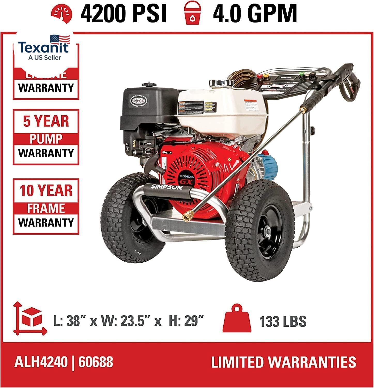 4200 PSI Gas Pressure Washer, 4.0 GPM Commercial Power Washer, Cold Water, Honda