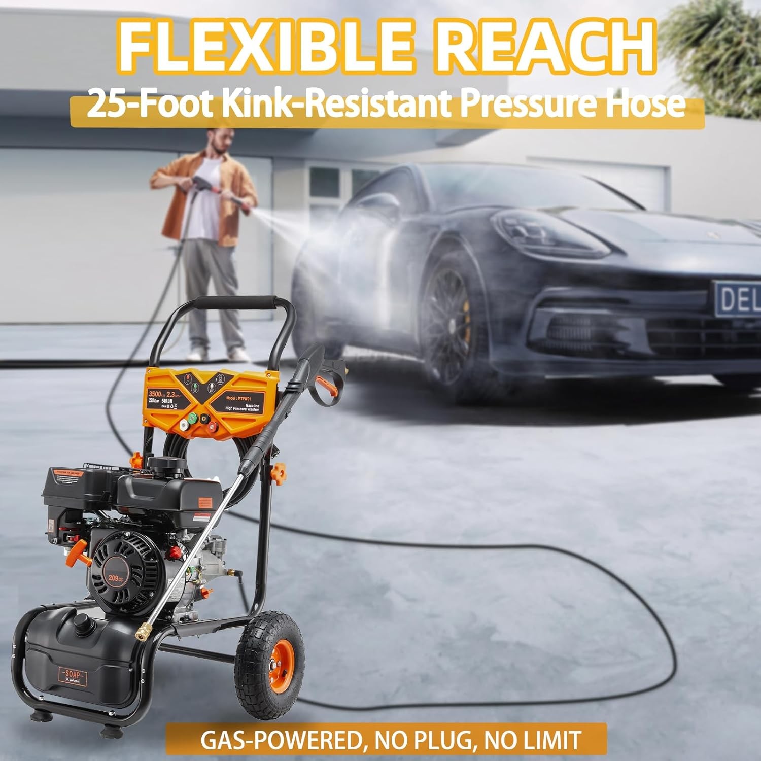 3500 PSI 2.3 GPM Gas Pressure Washer w/Soap Tank High Pressure Washer 4 Nozzles
