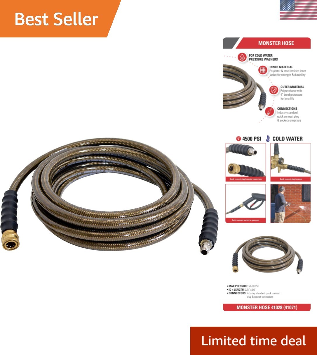 Monster Series 4500 PSI Pressure Washer Hose – 50ft Heavy Duty & Kink Resistant