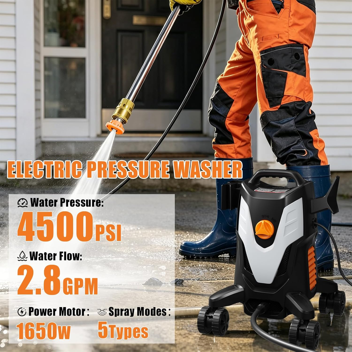Electric Pressure Washer 4500PSI 2.8 GPM High Pressure Washer with Anti-Tipping