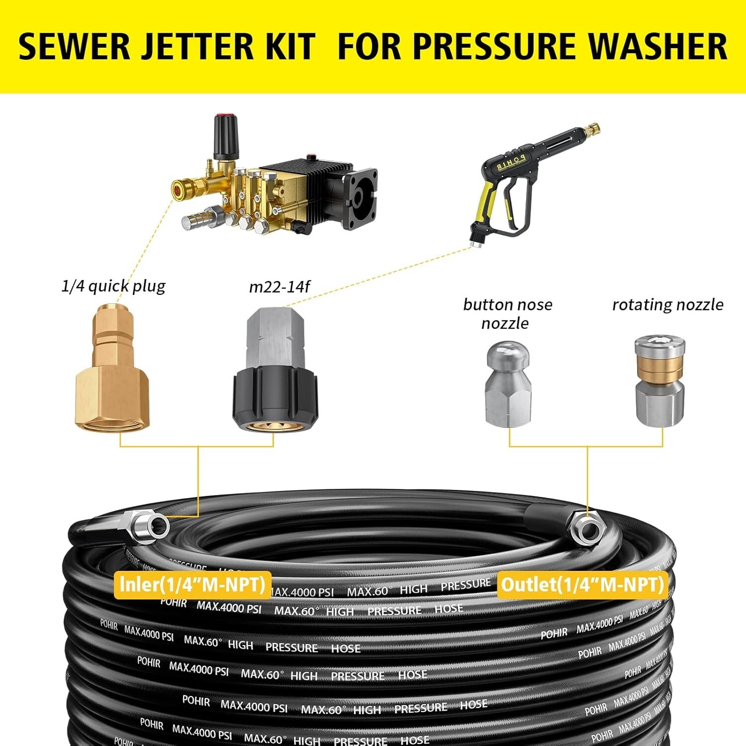 100FT Sewer Jetter Kit for Pressure Washer 4000PSI Drain Cleaner Hose 1/4 Inch