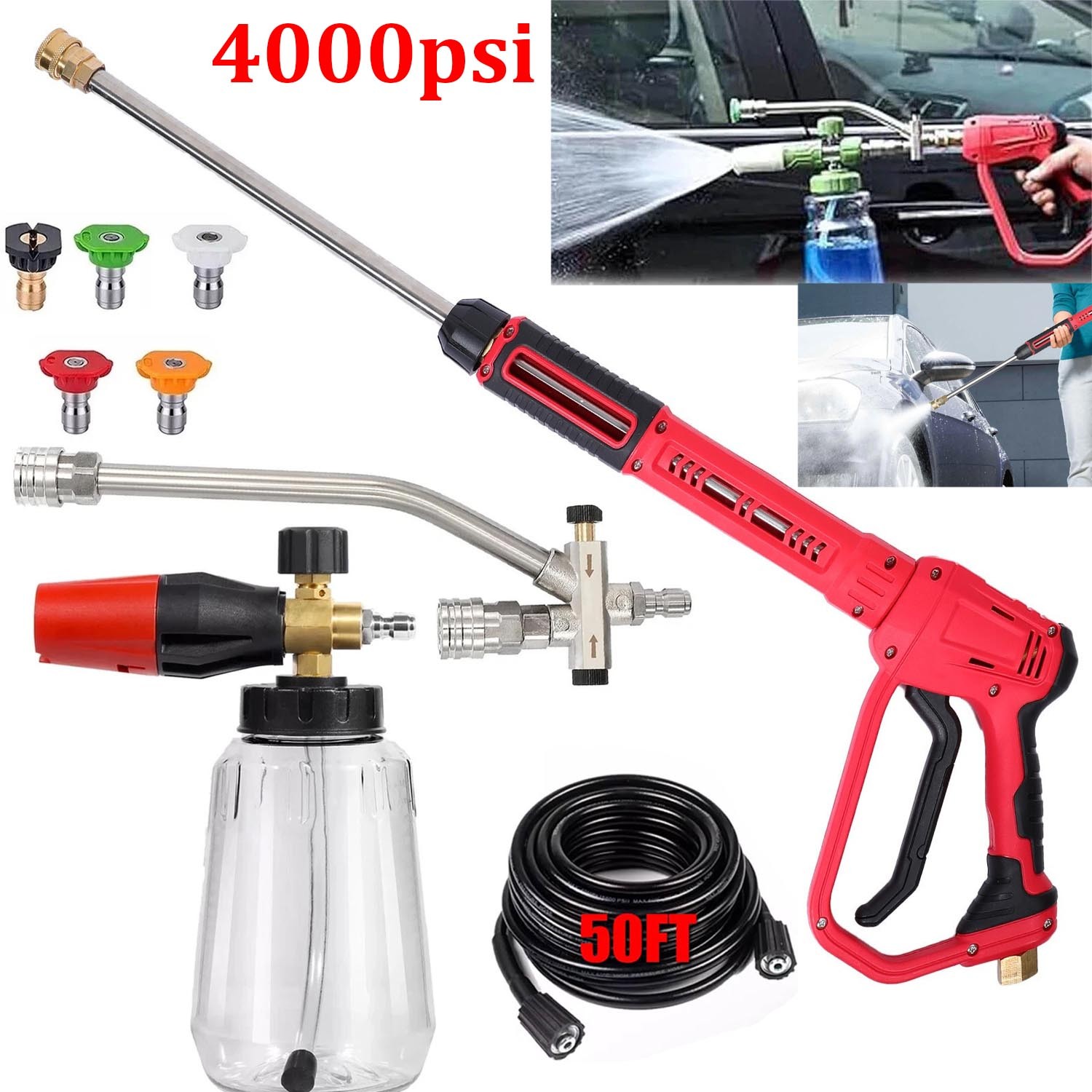 4000PSI High Pressure Car Power Washer Gun Spray Wand Lance Nozzle and Hose Kit