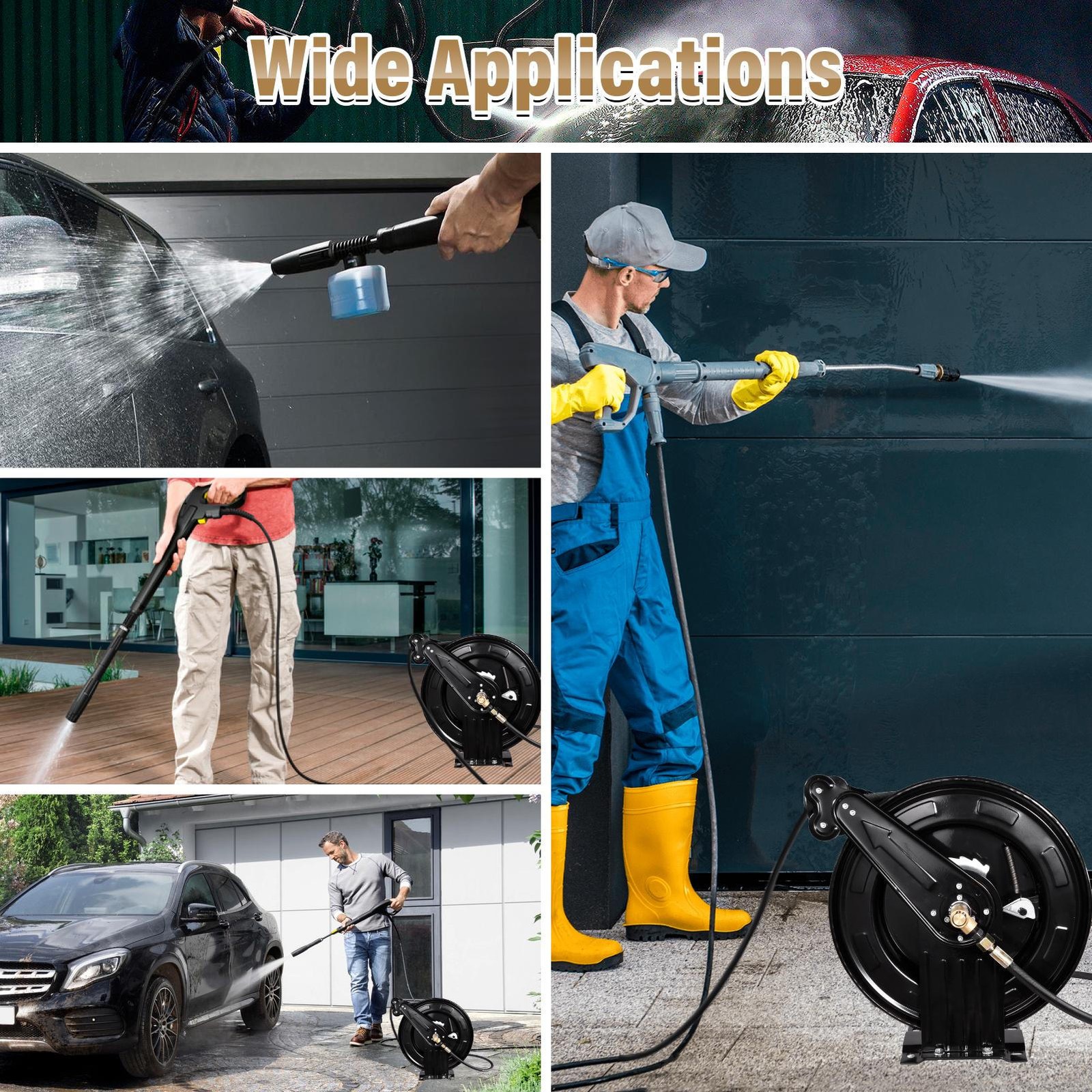 50FT x 3/8″ Auto-Retractable Pressure Washer Hose Reel, Heavy Duty Double Arm