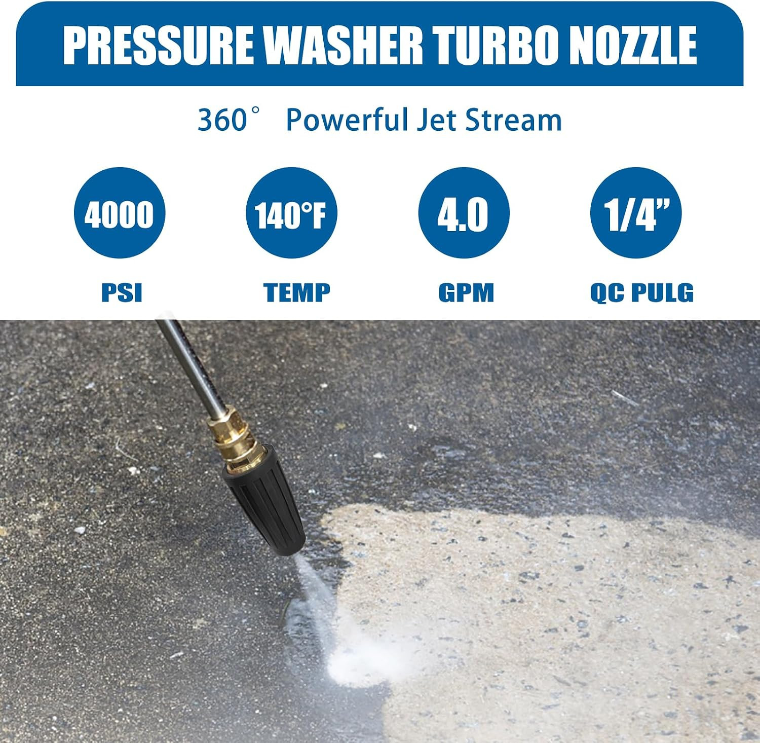 Pressure Washer Turbo Nozzle – 4000 PSI Rotating 360° Nozzle, 4.0 GPM, 4.0