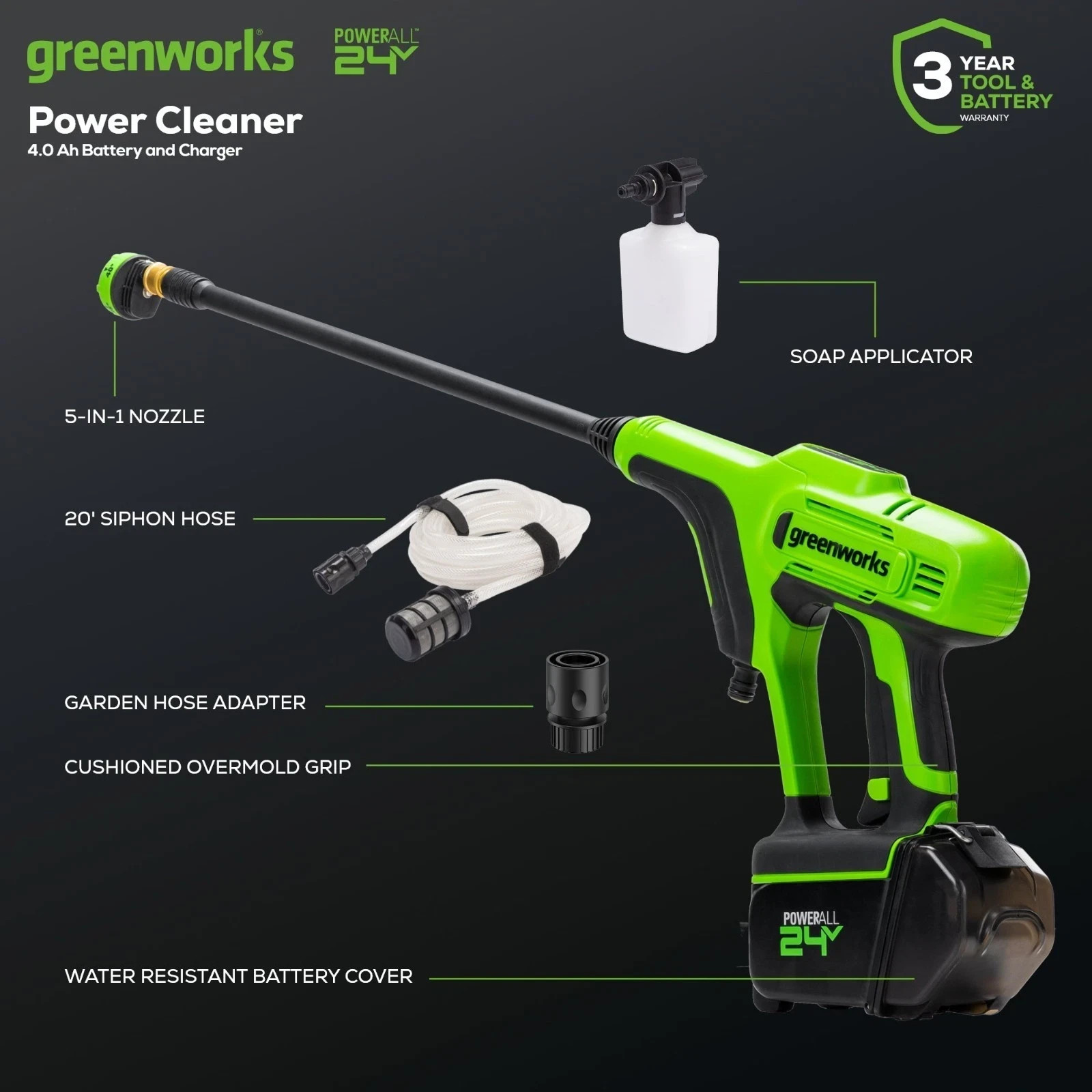 Greenworks 24V Cordless Pressure Washer 600PSI 0.8GPM w/ 4Ah Battery and Charger