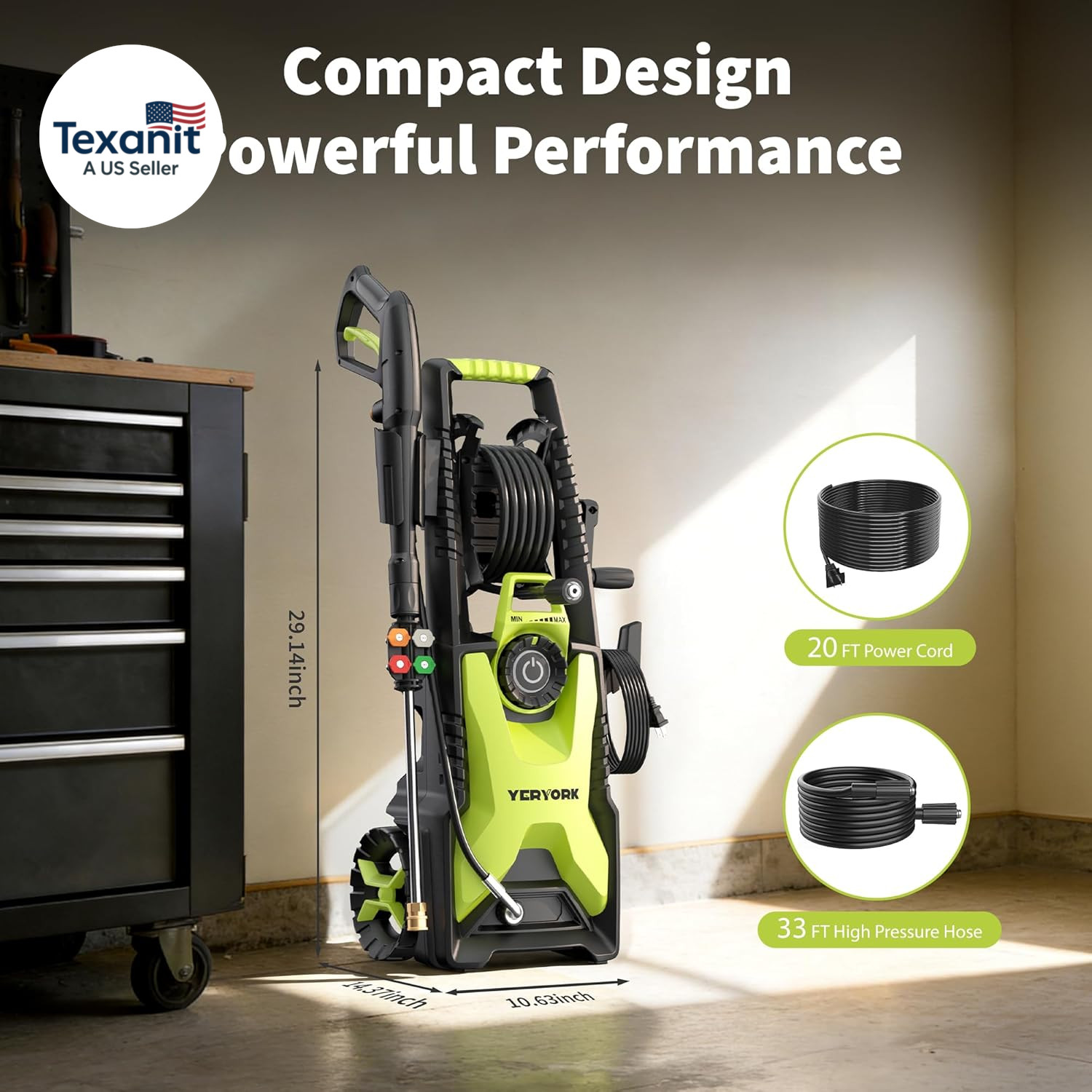 Adjustable 3000 PSI Pressure Washer,2.5 Max GPM Power Washer with 33 FT Retracta