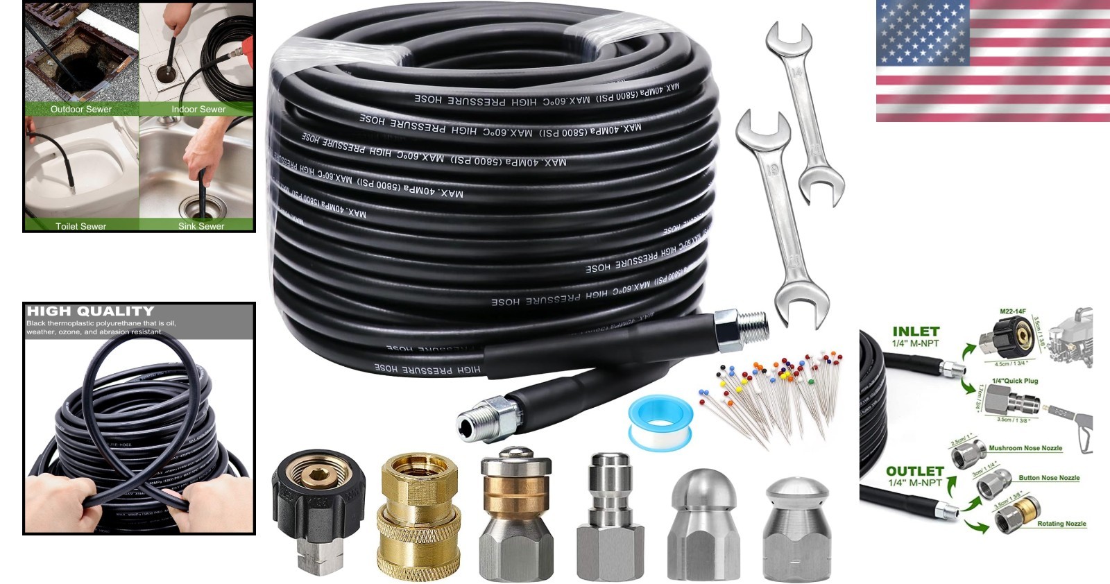 High-Pressure 100FT Drain Cleaner Hose with Nozzles for Pressure Washer Use