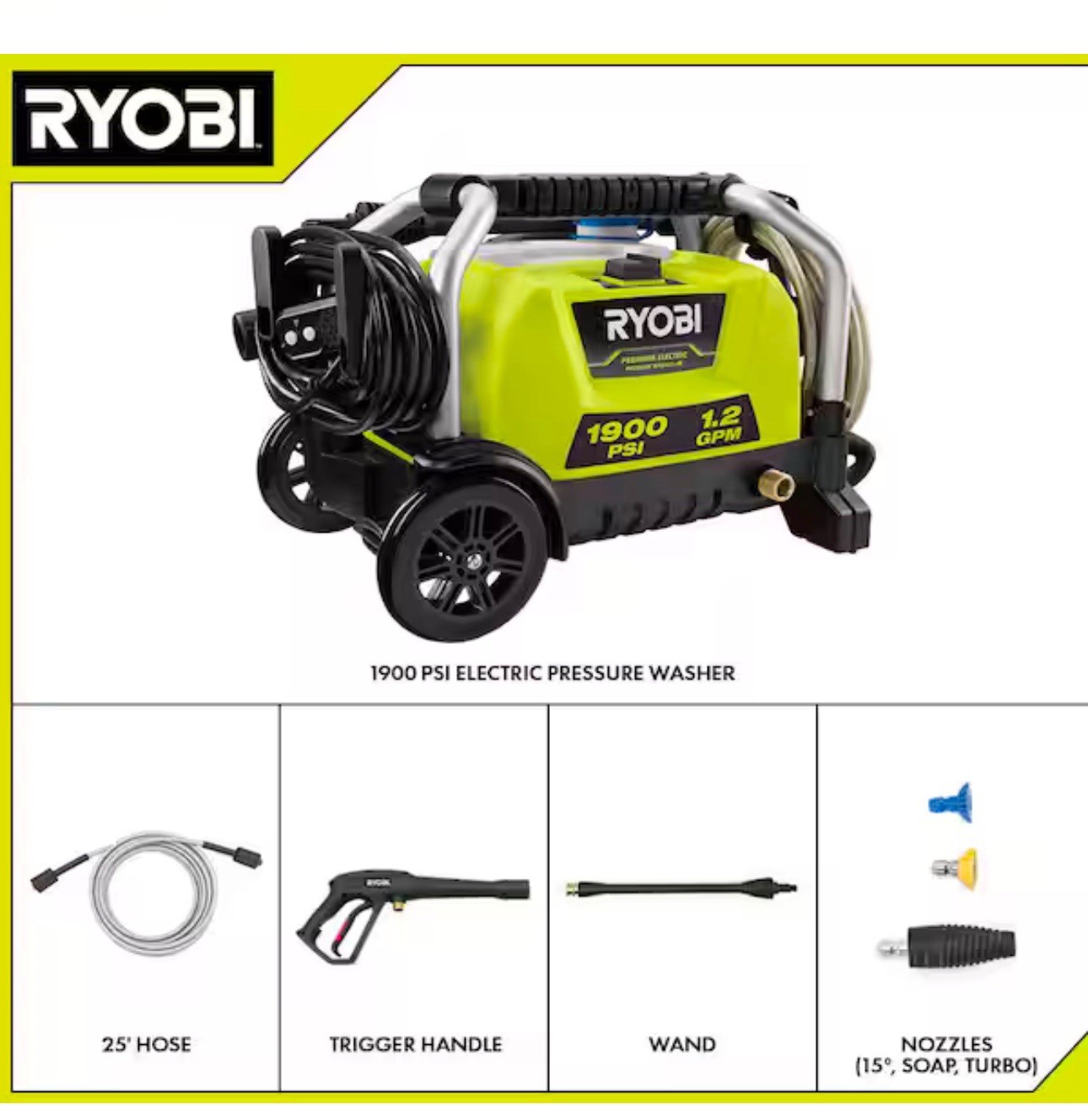 RYOBI 1900 PSI 1.2 GPM ELECTRIC PRESSURE WASHER RY1419MT -OPEN BOX-