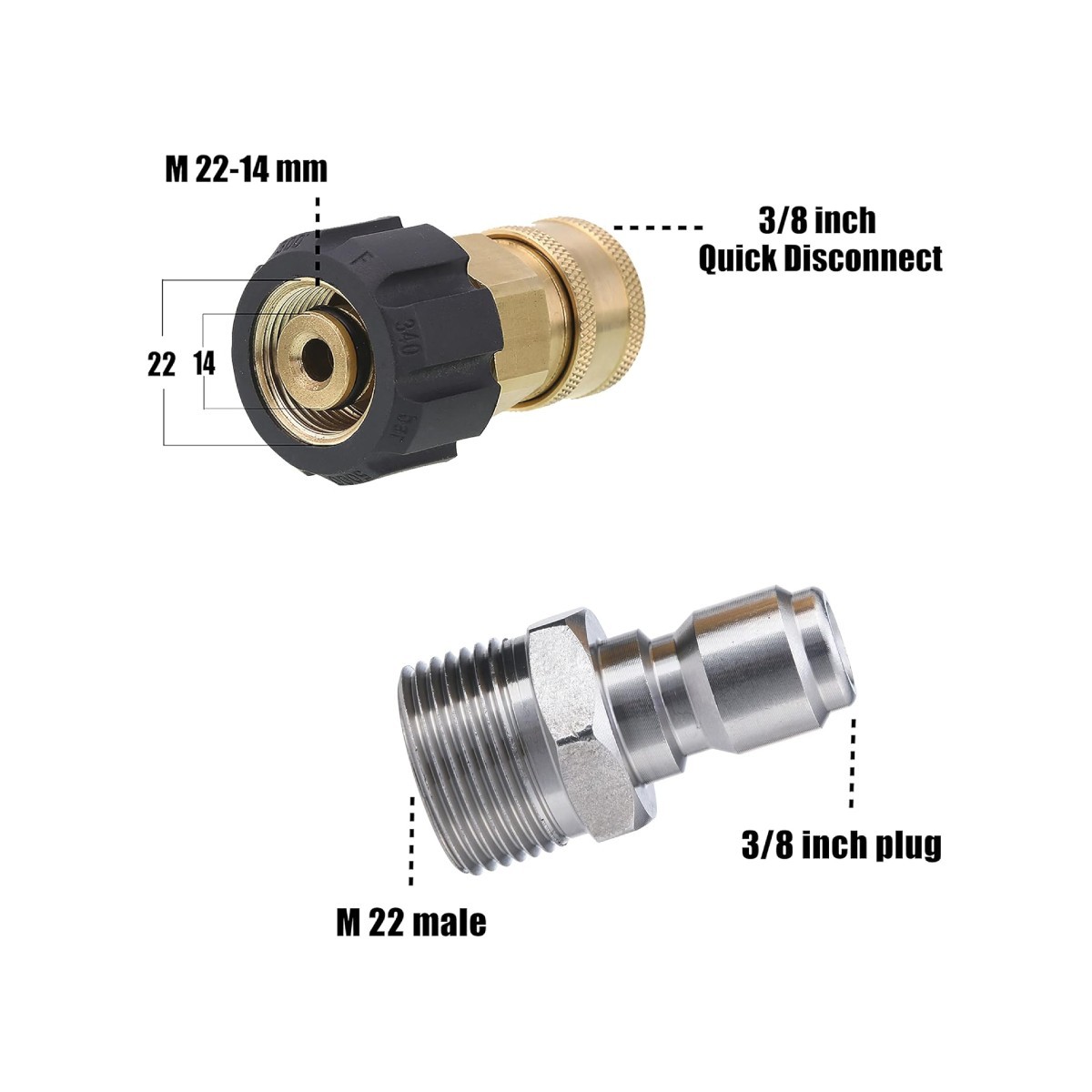 1 set Pressure Washer Adapter 3/8″ Quick Connect M22 14mm to M22 Metric Fitting