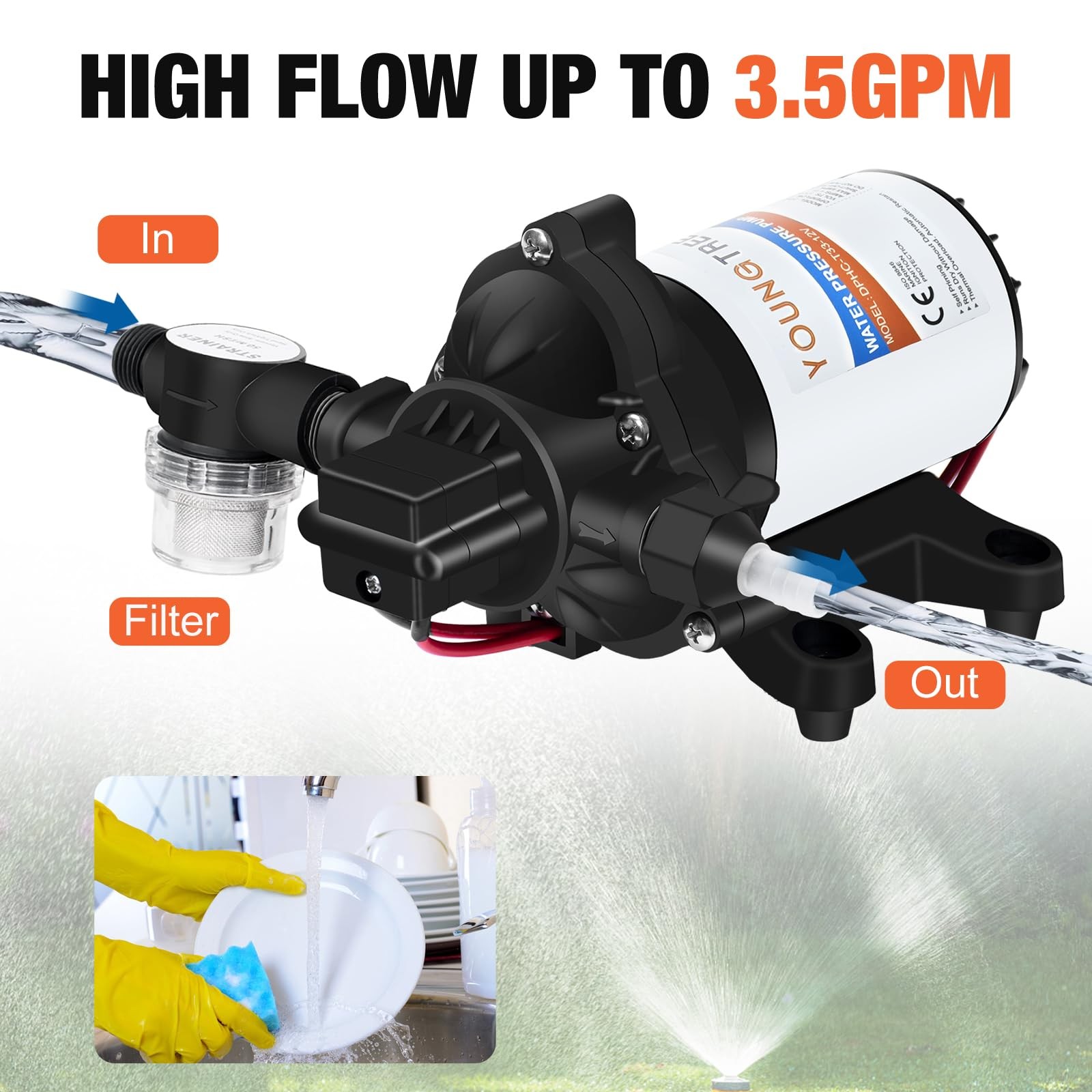 YOUNGTREE 12V DC RV Water Diaphragm Pump 3.5 GPM 45PSI, 12Volt Self-Priming F…