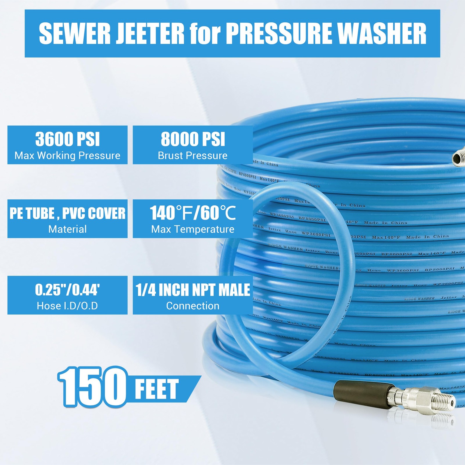 Sewer Jetter Kit for Pressure Washer 150FT, 3600 PSI Drain Cleaning Hose with…