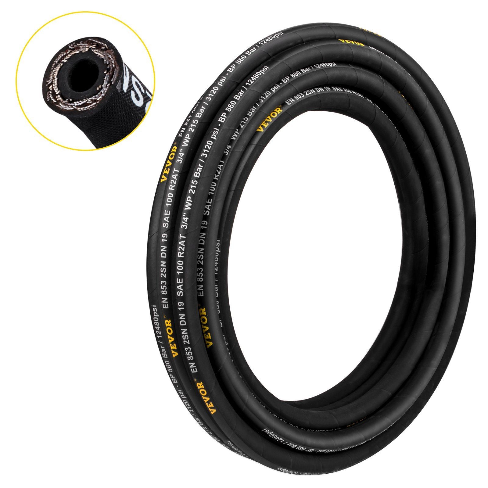 1/2inx100ft 4000PSI Rubber Hose with 2 Steel Wire Braid & Oil Resistant