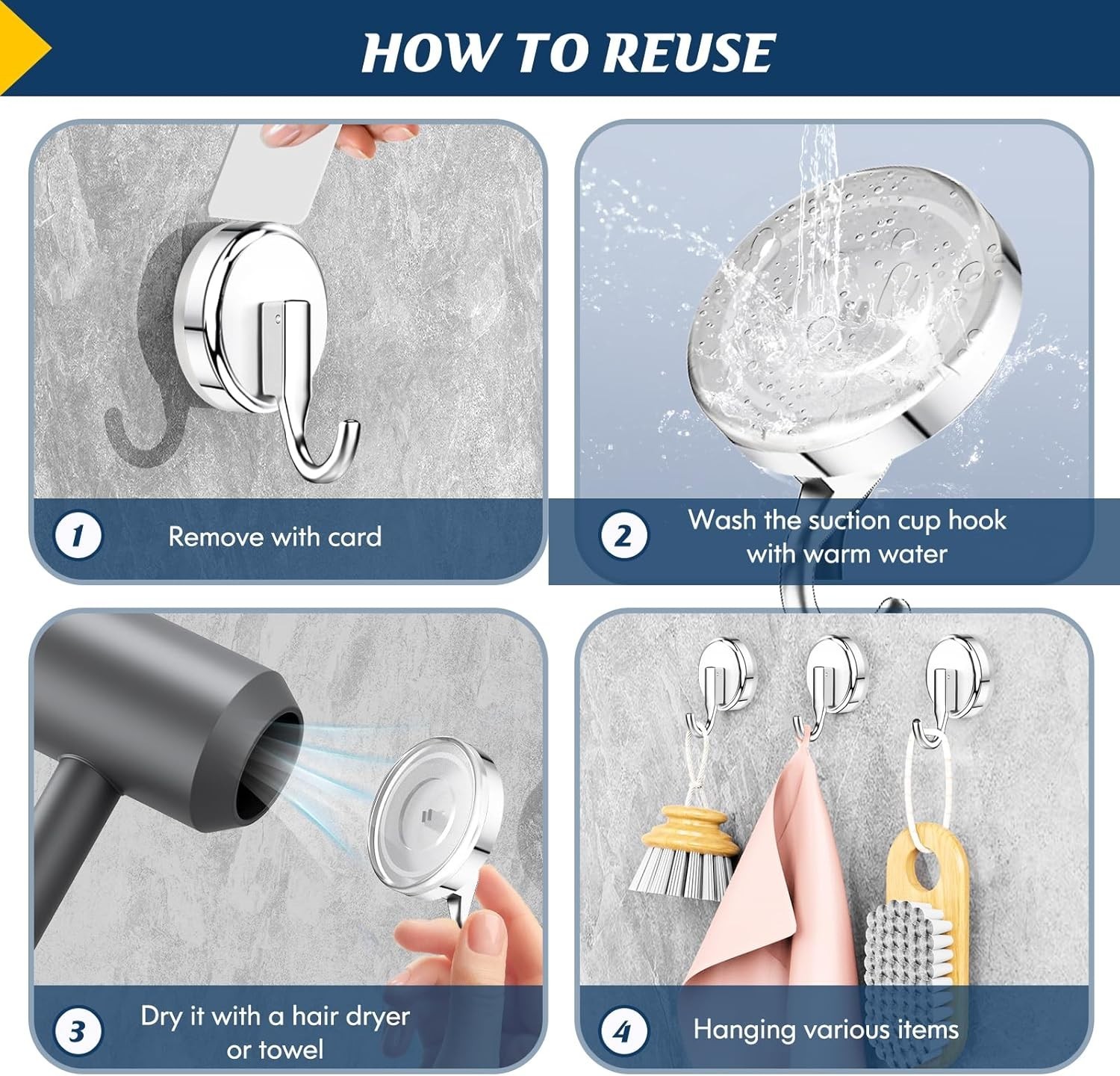 Chrome Suction Cup Shower Hooks for Glass, Tile, and Metal (4 Pack)