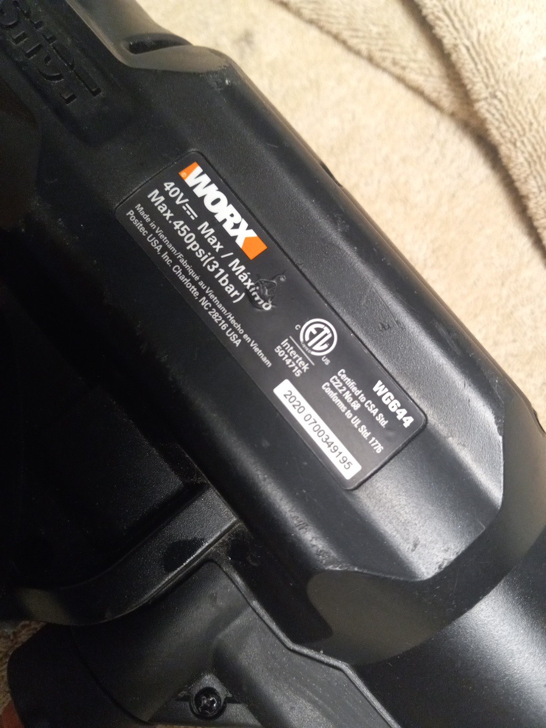 WORX HydroShot 40V Cordless Power Cleaner (WG644) With Hose NO BATTERIES