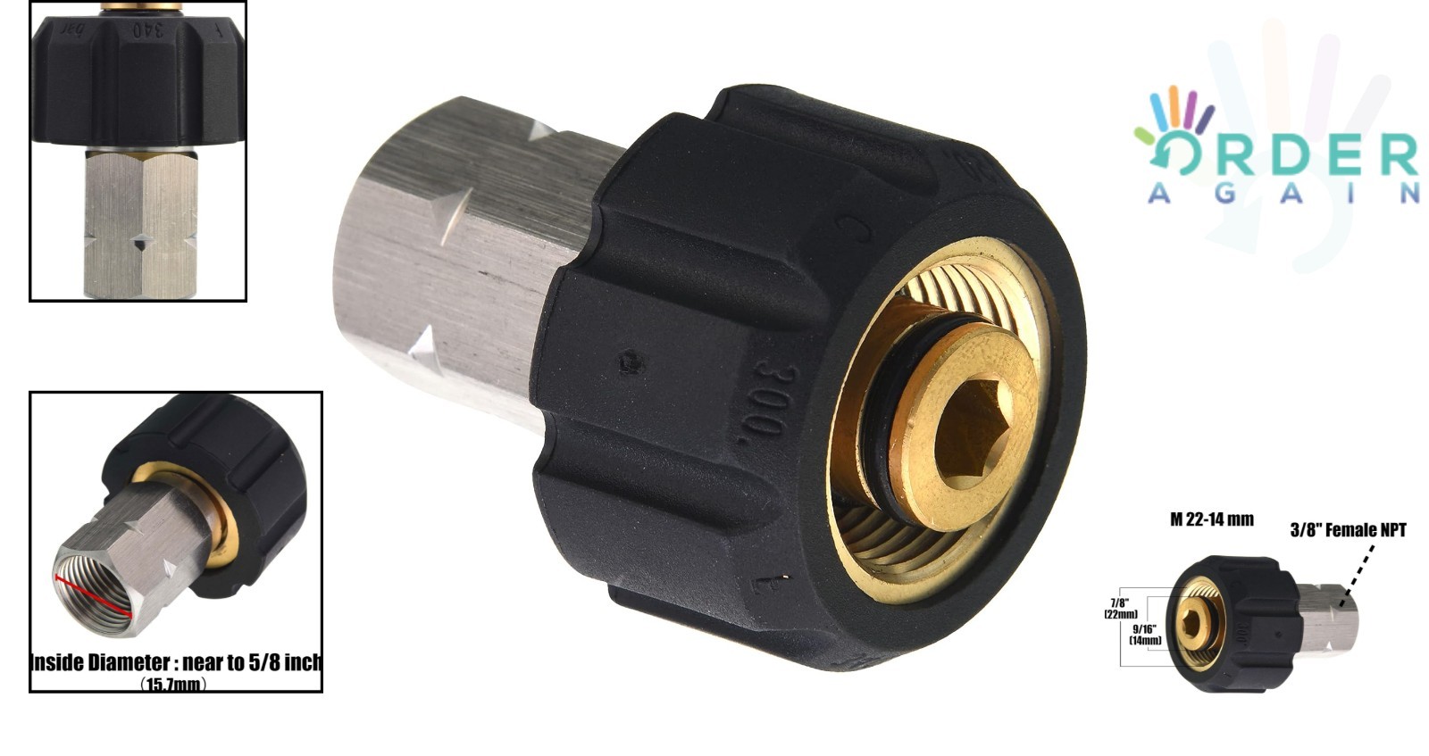 Pressure Washer Adapter M22 Female to 3/8 Inch NPT Fitting Stainless Steel 45…