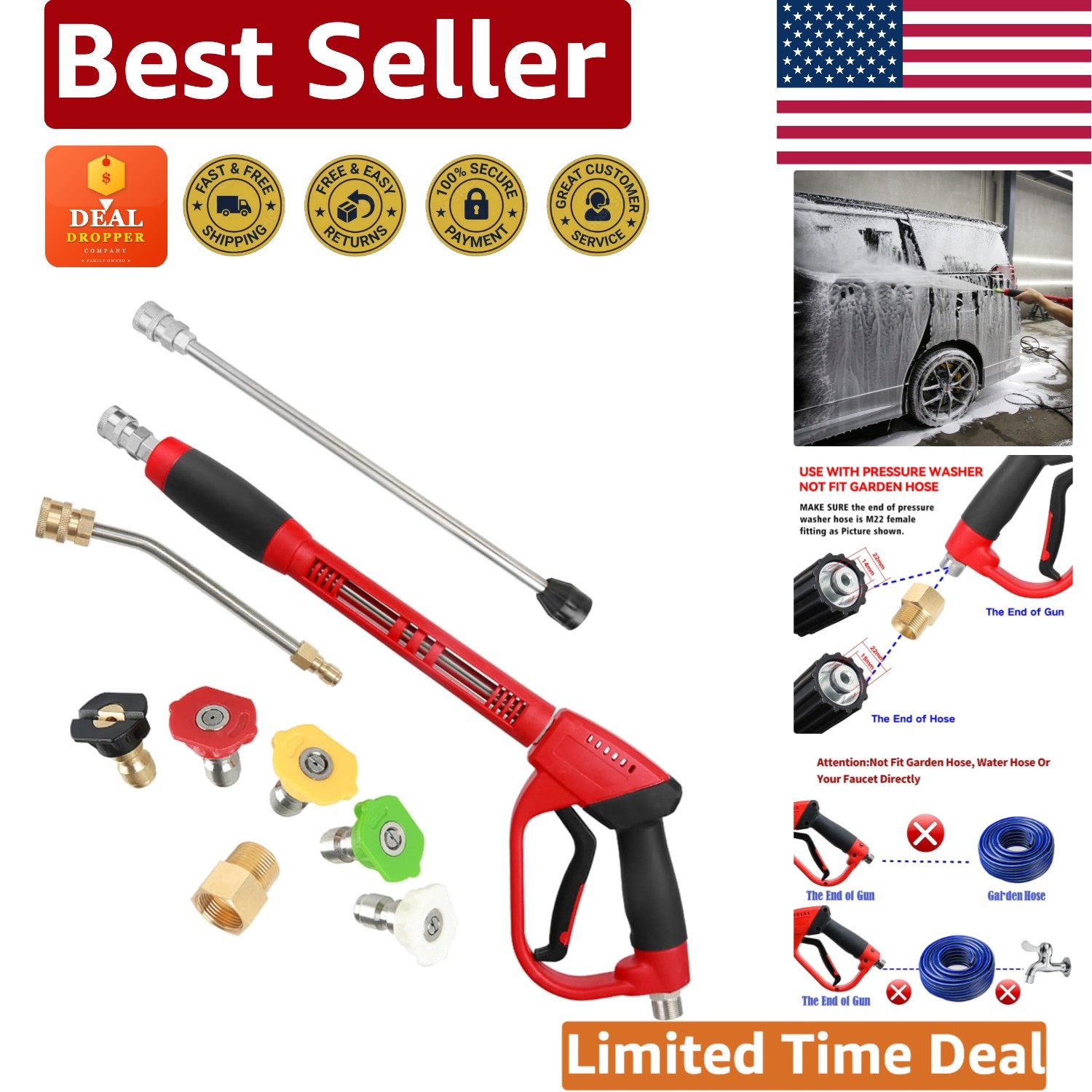 Efficient Pressure Washer Gun with 30° Curved Rod and 5 Interchangeable Nozzles