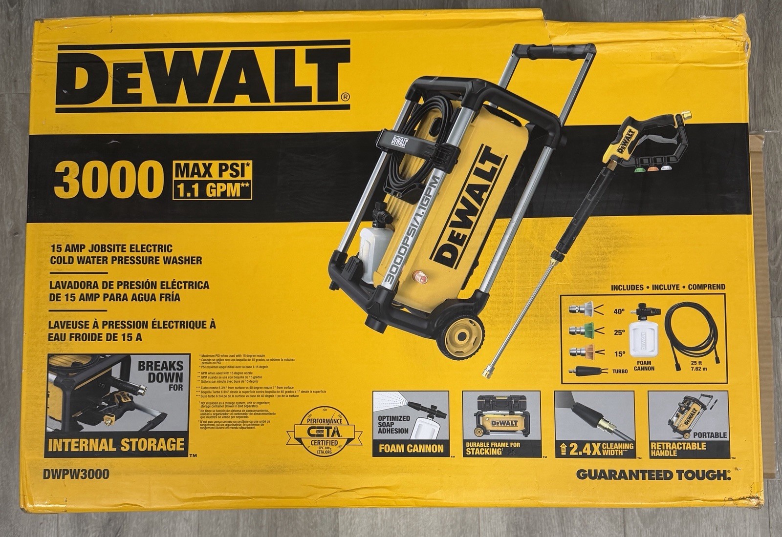 DEWALT DWPW3000 JOB SITE NON WORKING PRESSURE WASHER 15AMP MAX PSI 1.1 GPM
