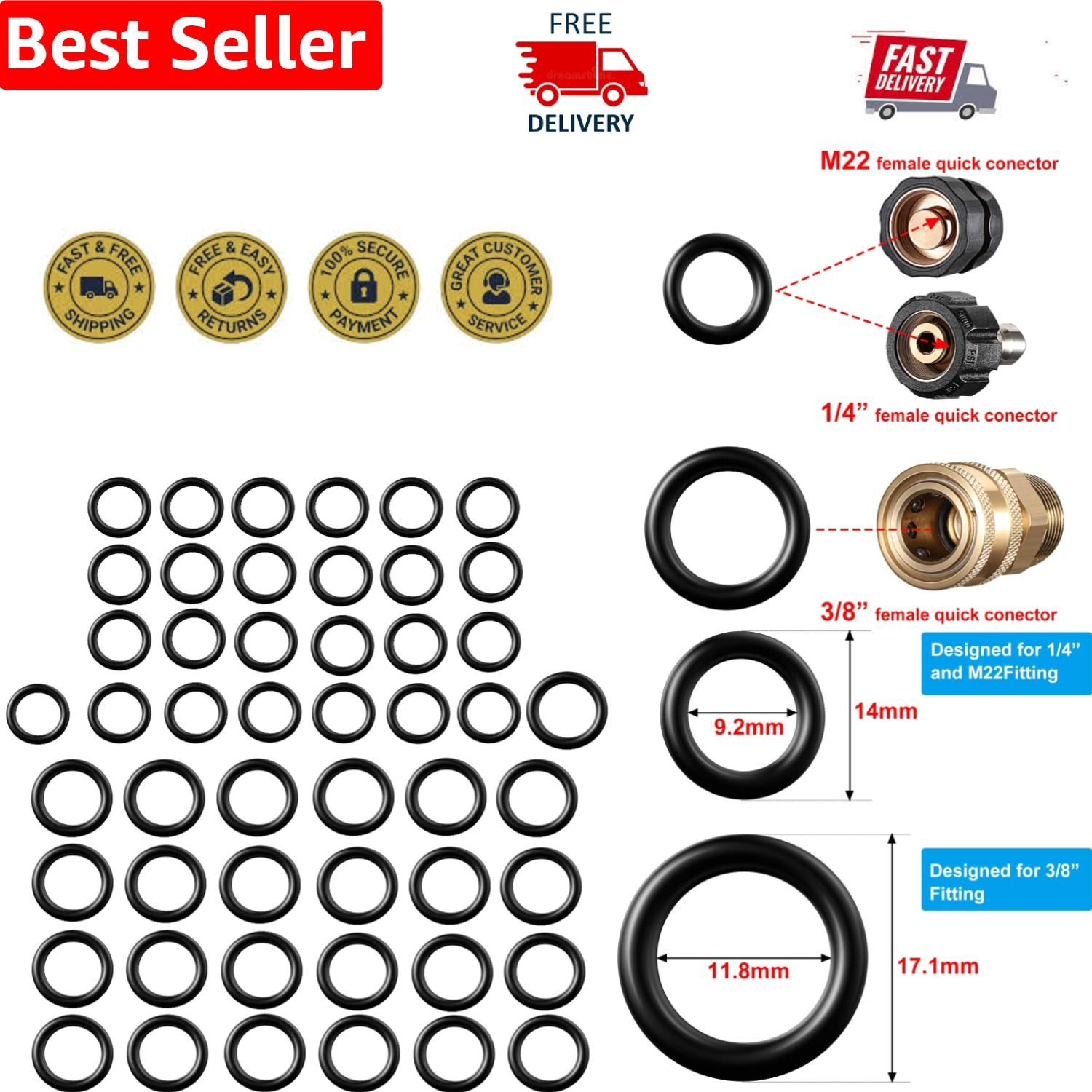 Complete 50-Piece Pressure Washer O-Ring Set, Fits 1/4in & 3/8in Connectors