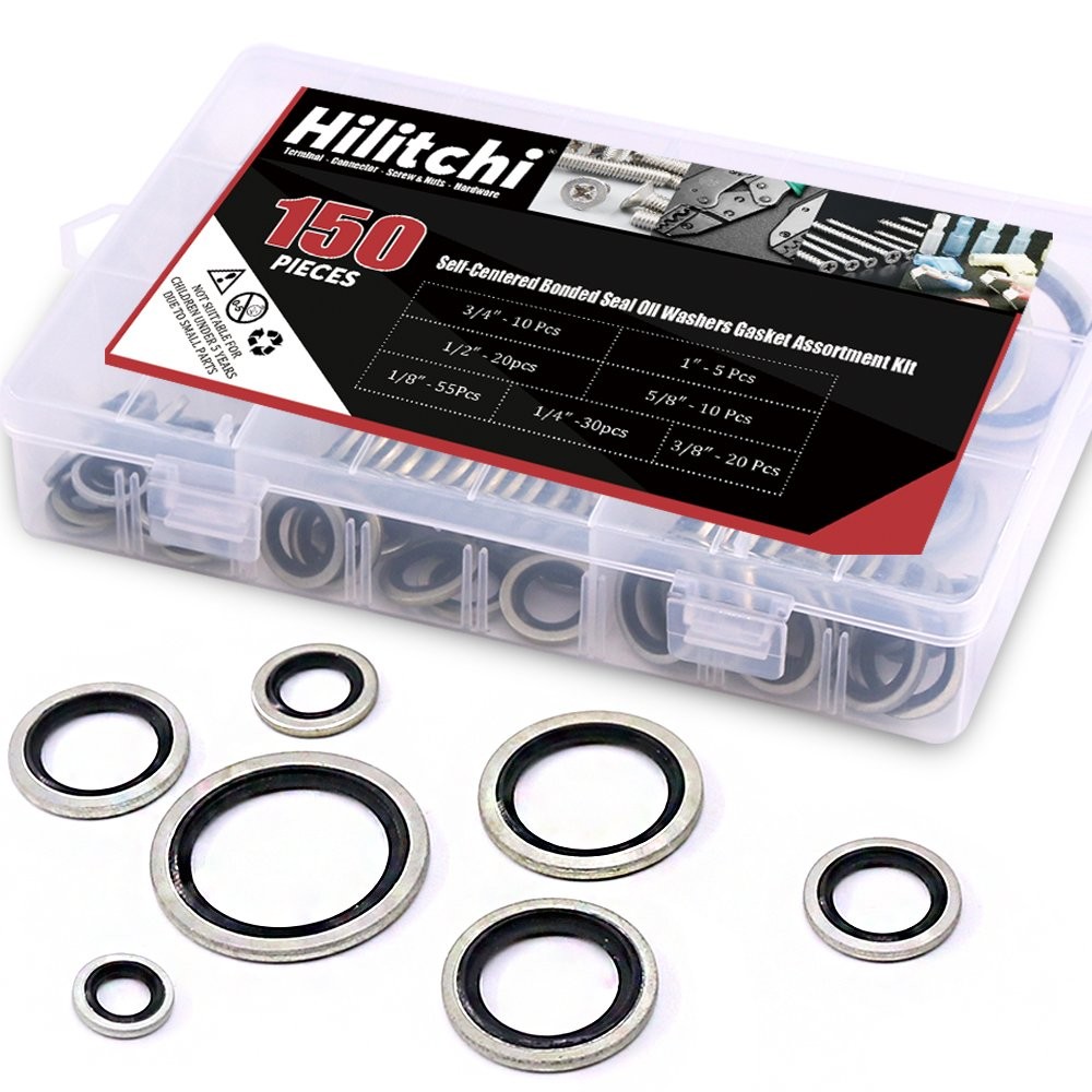 150-Pcs [7-Size] Automotive Self-Centered Bonded Seal Oil Washers Gasket Asso