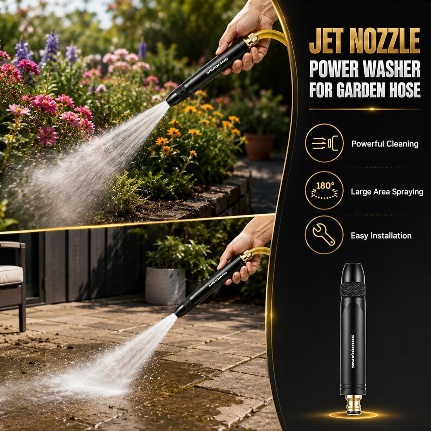 High Pressure Hose Nozzle – Metal, Adjustable Jet/Mist/Shower, 1/2″-3/4″ Fit
