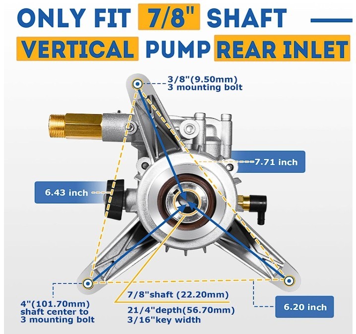 7/8″ Vertical Pressure Washer Pump 3100 PSI 2.5 GPM Rear Inlet/Outlet