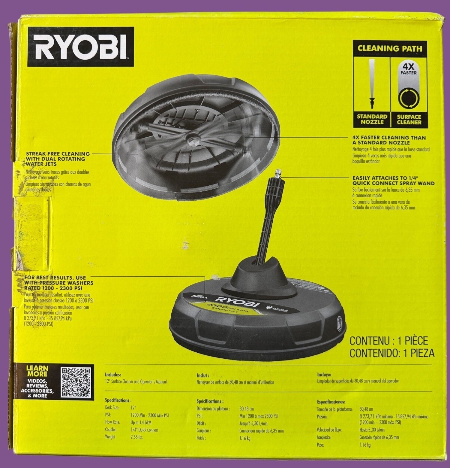 Ryobi 12″ Surface Cleaner For Pressure Washers Up To 2300 PSI 1.4 GPM With Quick