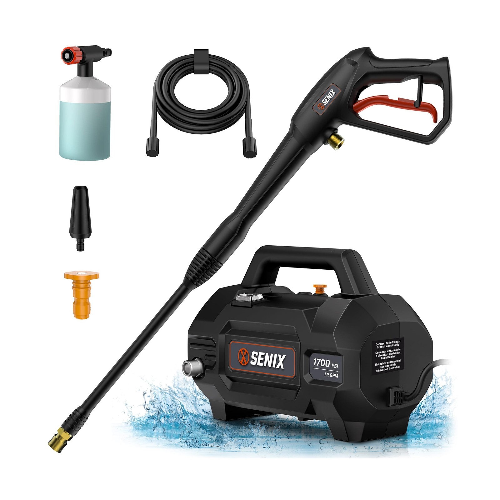 SENIX 13 Amp Electric Pressure Washer – 1700 PSI, 1.2 GPM, Compact with Foam …