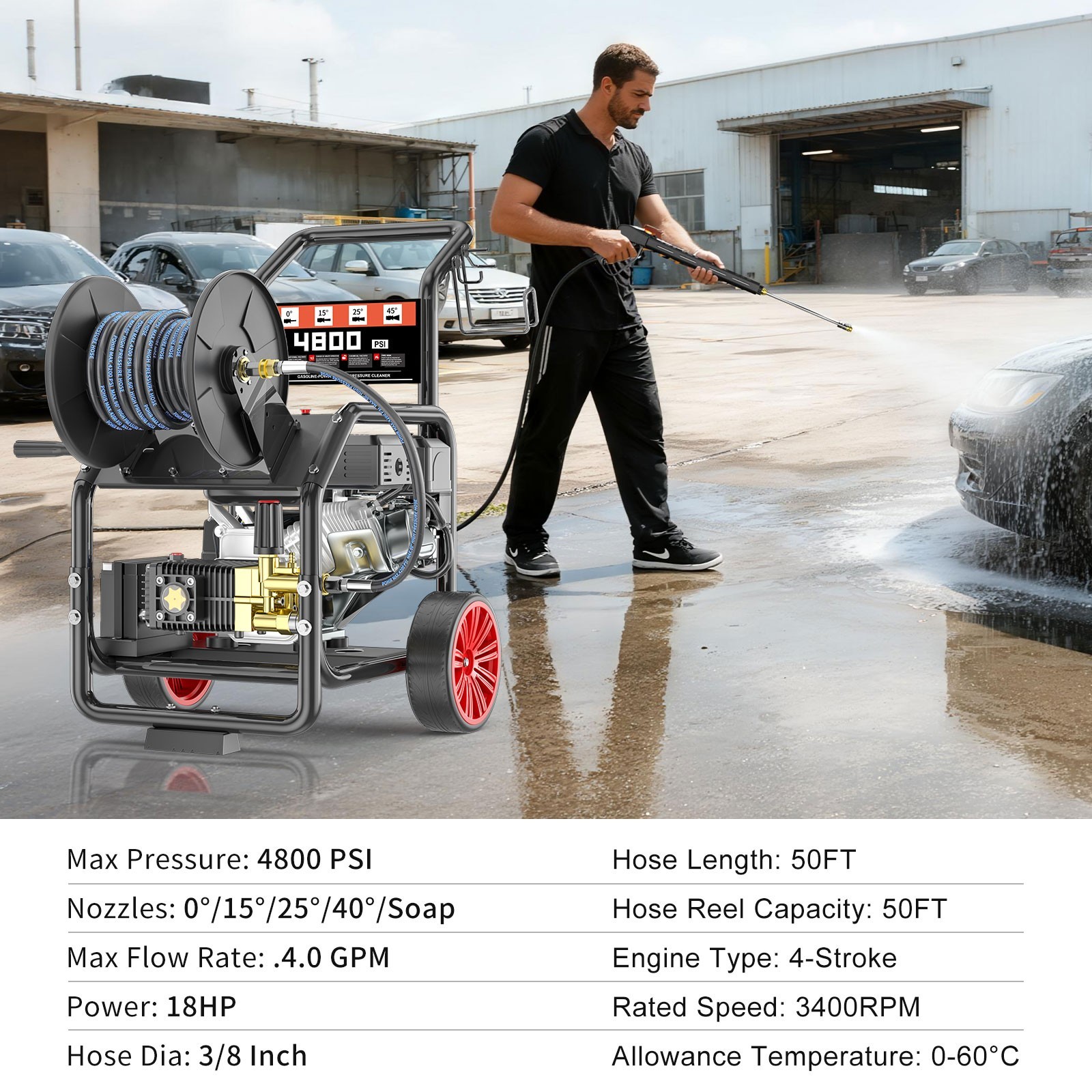 POHIR 4800 PSI Gas Pressure Washer One-Button Start 4.0 GPM 500cc 18HP 50FT Hose