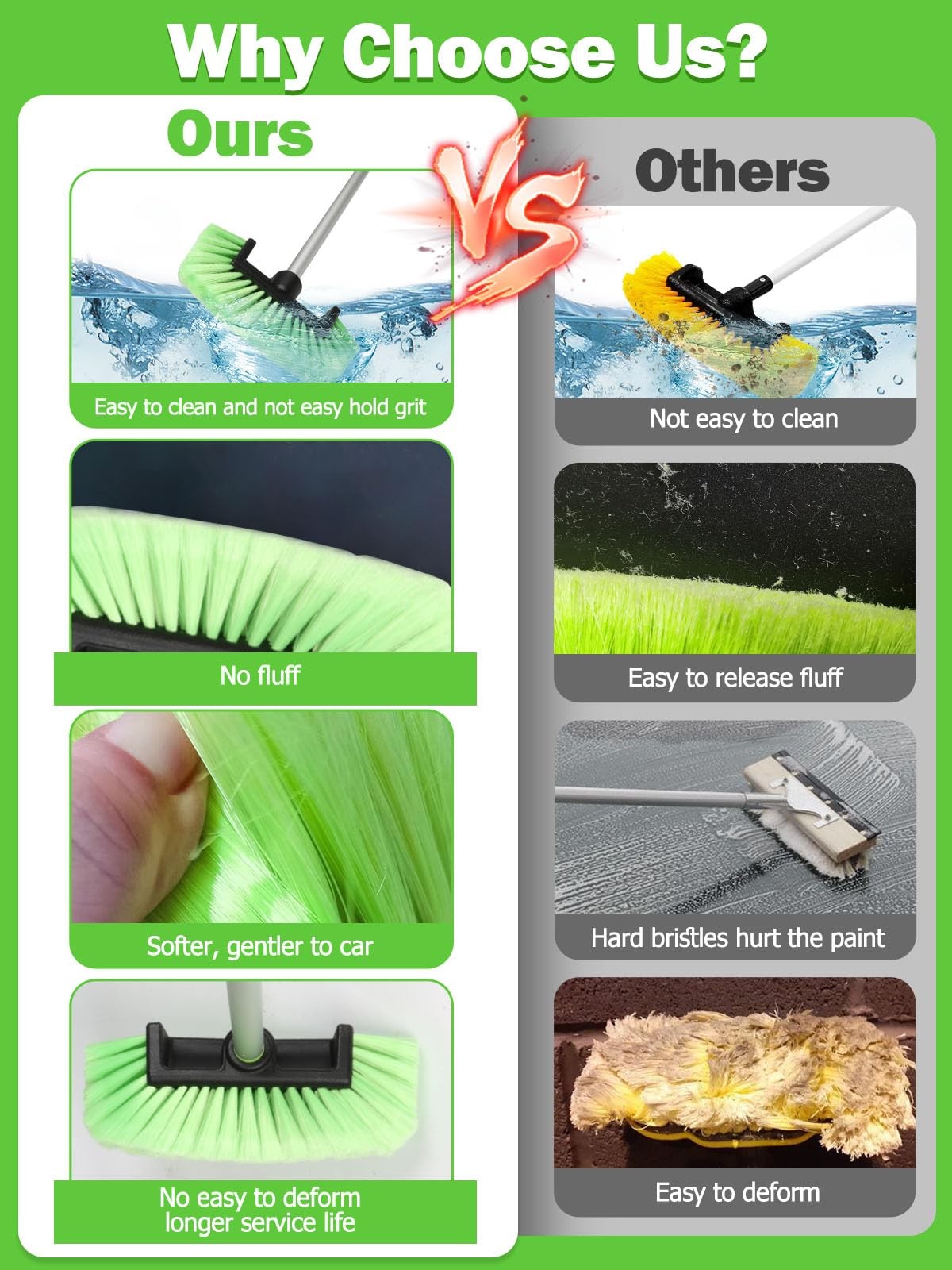 Jisejima Five-Sided Car Wash Brush with Long Handle，Soft Bristle Scrub Green