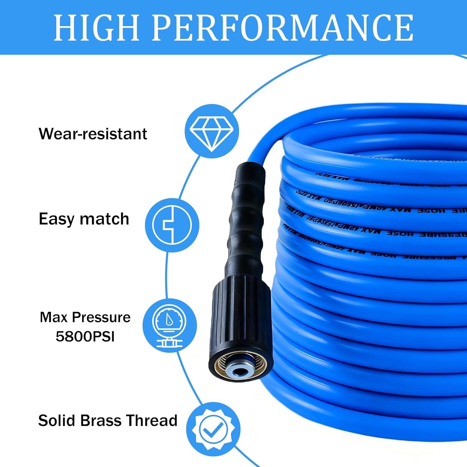 50FT Blue Pressure Washer Hose – 5800 PSI Kink-Resistant with Quick Connector